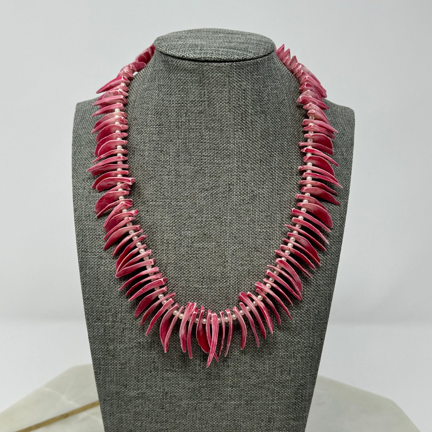 Unique Pink Shell Spike Necklace with Pearl Accents - Handmade Boho Statement Jewelry