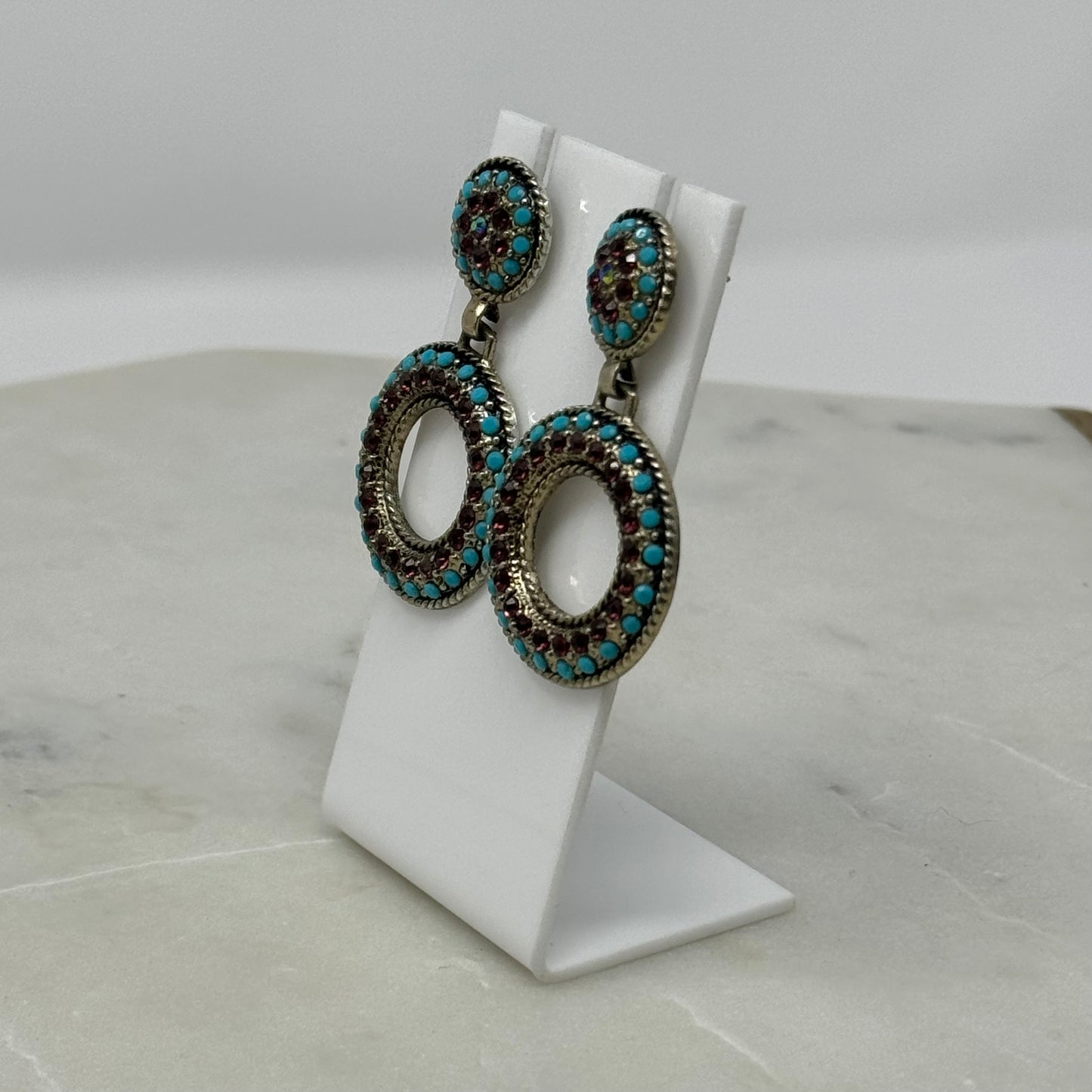 Earrings Boho Southwest Round Stud Dangles Blue Silver Tone Stud 2 in Drop