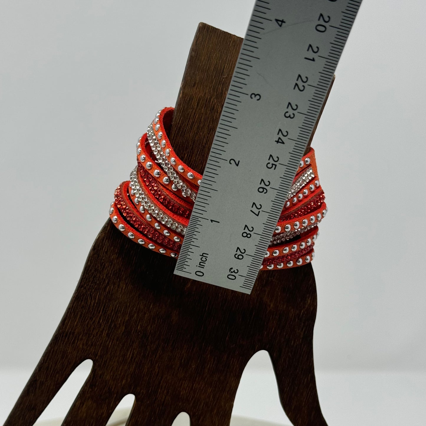 Bracelet Boho Southwest Layer Orange Faux Leather Rhinestone Cuff 9.25 in