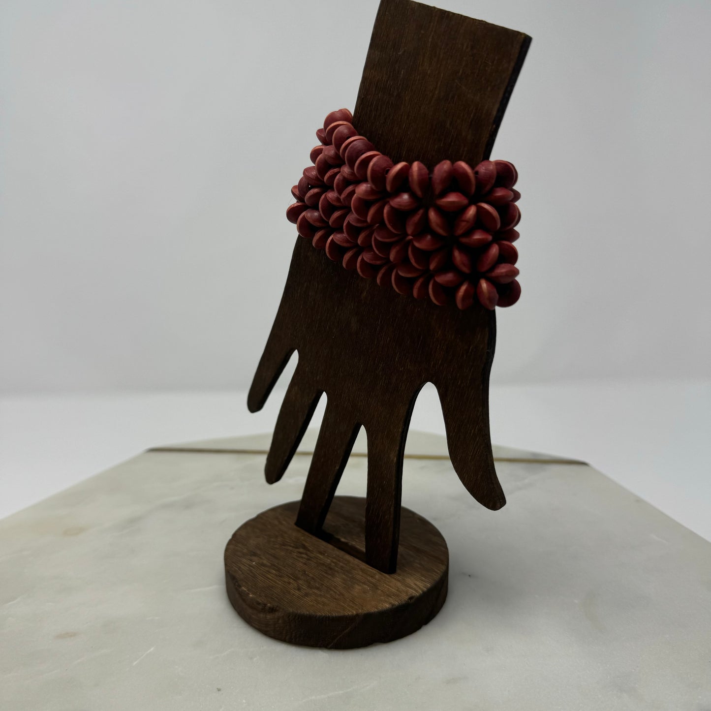 Bracelet Boho Southwest Beaded Cuff Wood Red Multi-Layer 7.75 in