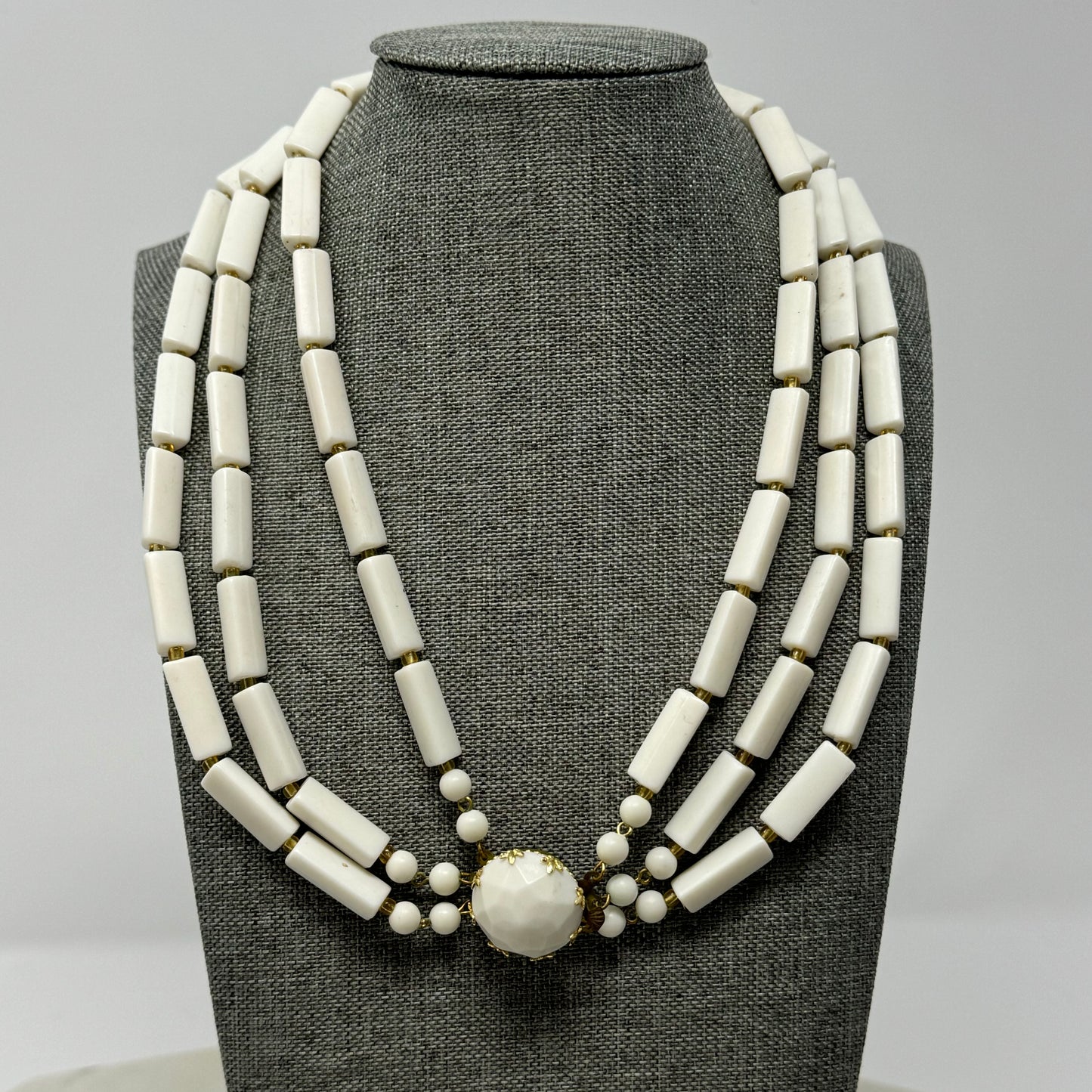 Vintage Necklace Statement Multi Strand Beaded White Box Clasp 15 in Jewelry