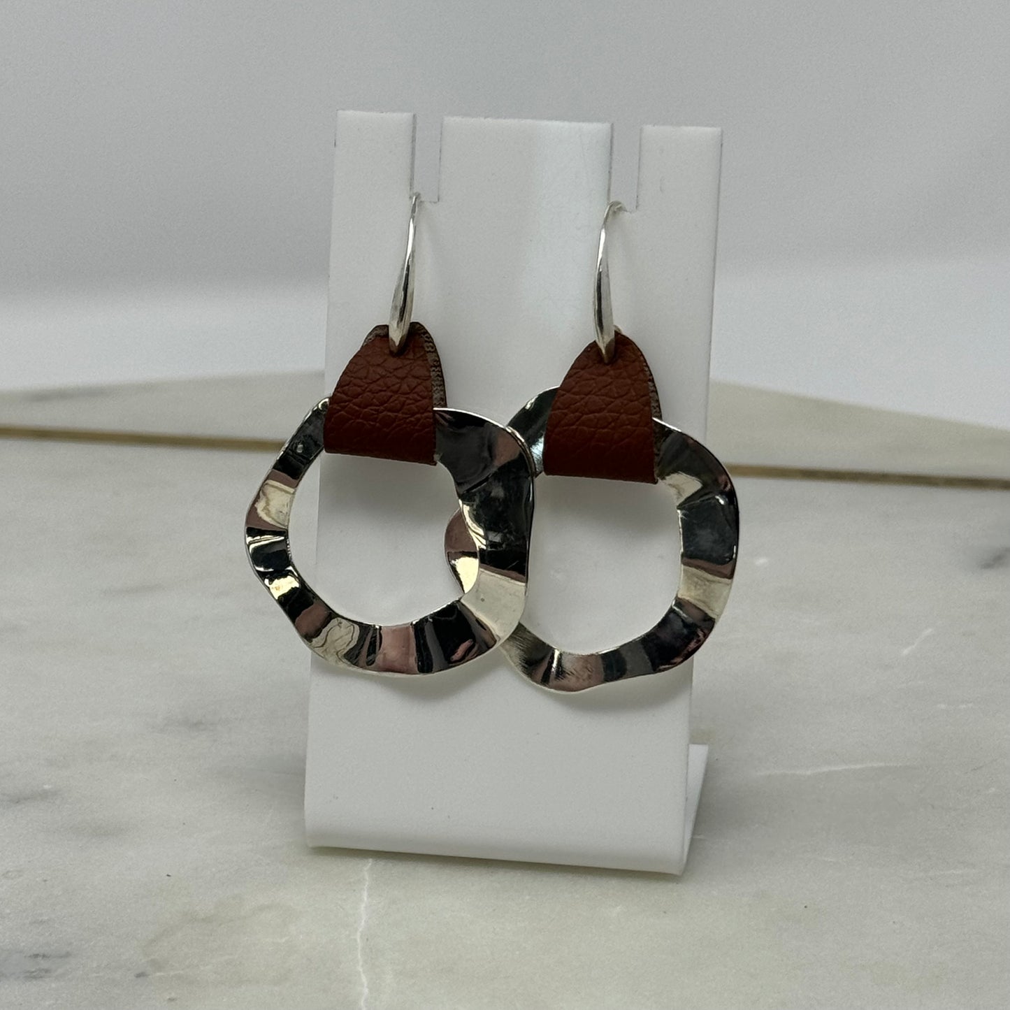 Earrings Boho Modern Southwest Leather Silver Tone Abstract Artisan Dangle Hook 2.5 in