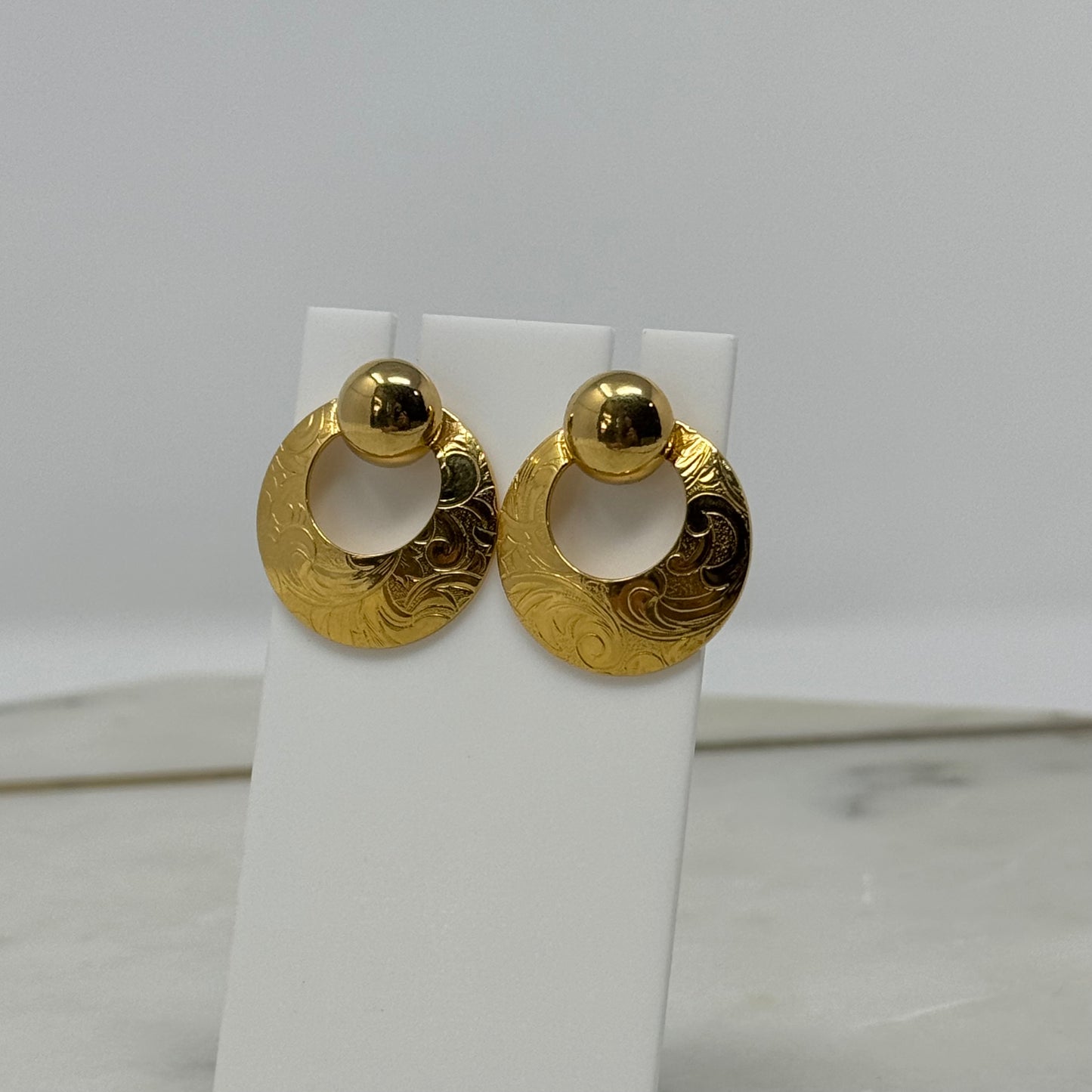 Avon Earrings Boho Southwest Button Stud Gold Tone Drop Disc Swirl Design 1 in