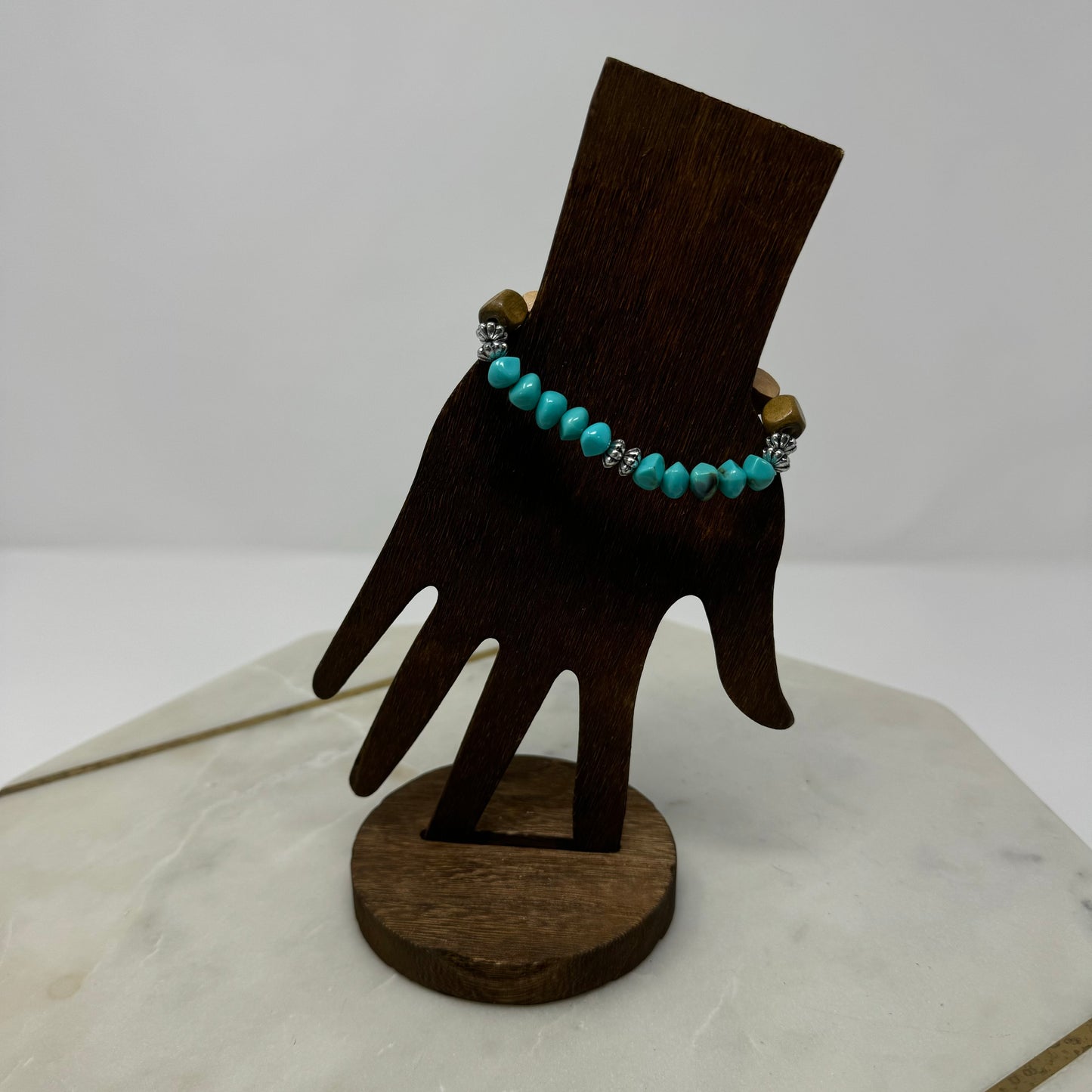 Bracelet Boho Southwest Wood Beaded Stretch Bangle Teal Blue Beige Silver 7 in