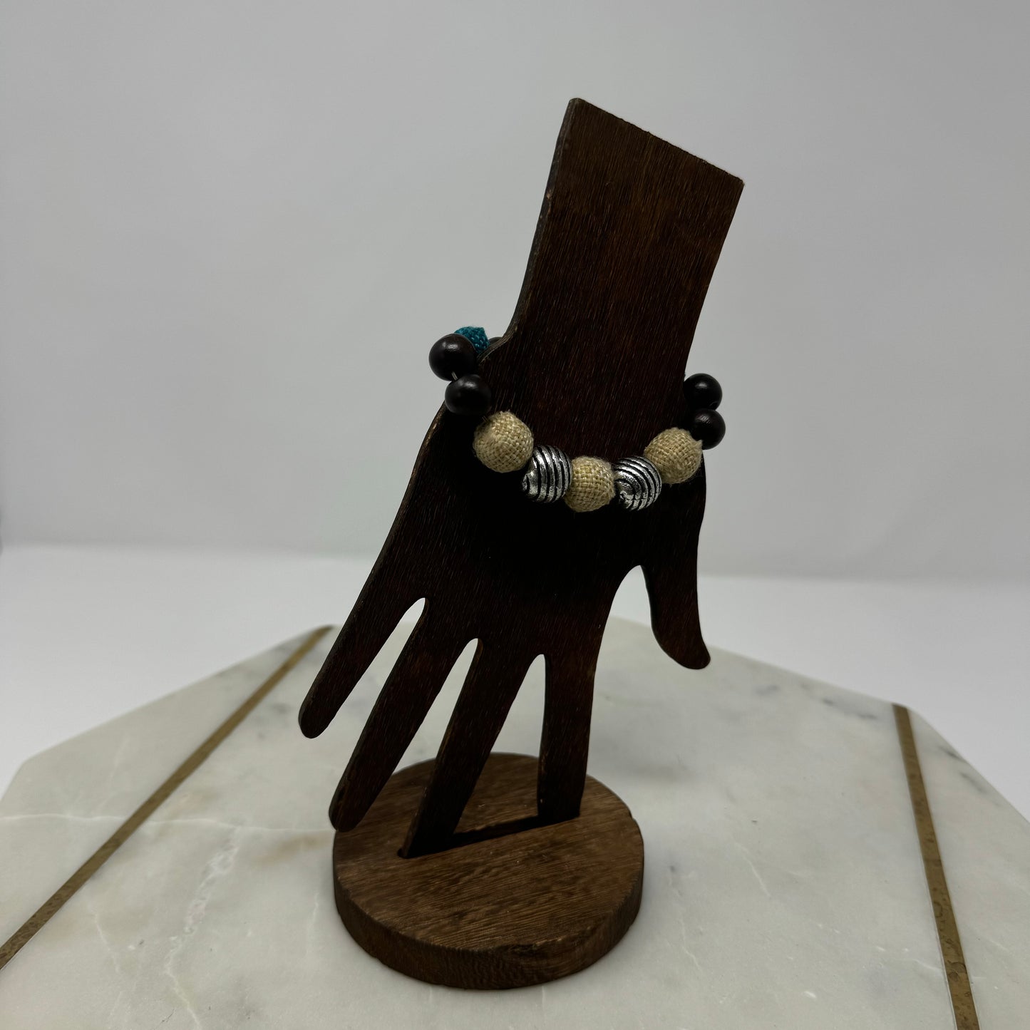 Bracelet Boho Beaded Strand Wood Canvas Stretch Bangle Brown Blue Beige 8 in