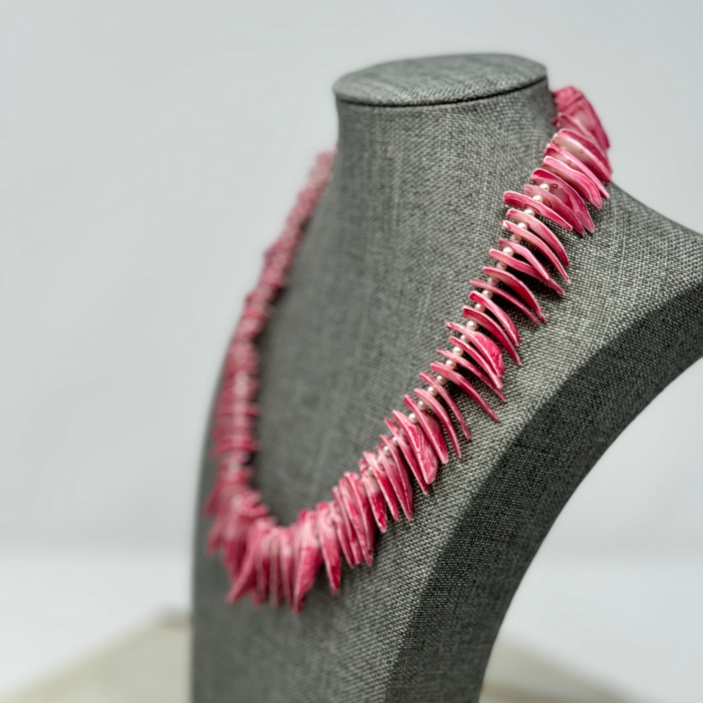 Unique Pink Shell Spike Necklace with Pearl Accents - Handmade Boho Statement Jewelry