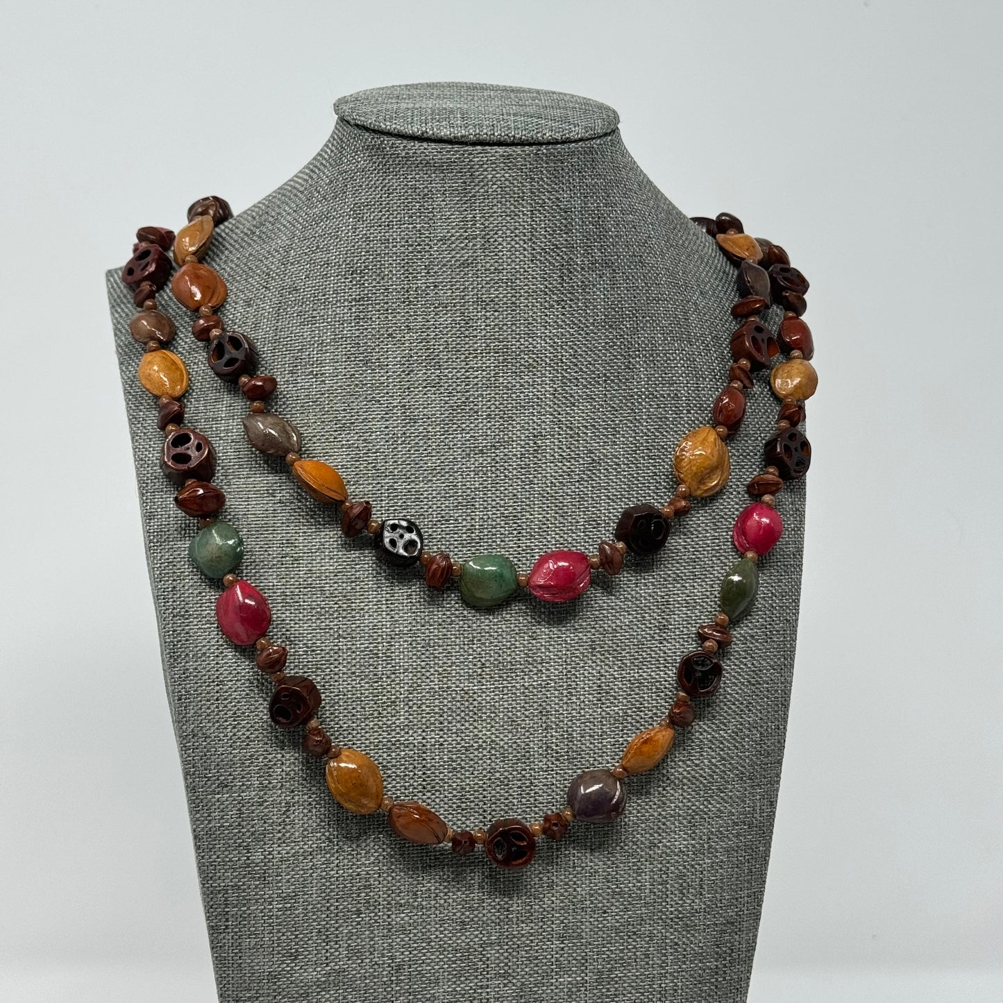 Artisan Hand-carved Bead Necklace - Boho Multi-Colored Statement Jewelry Handmade