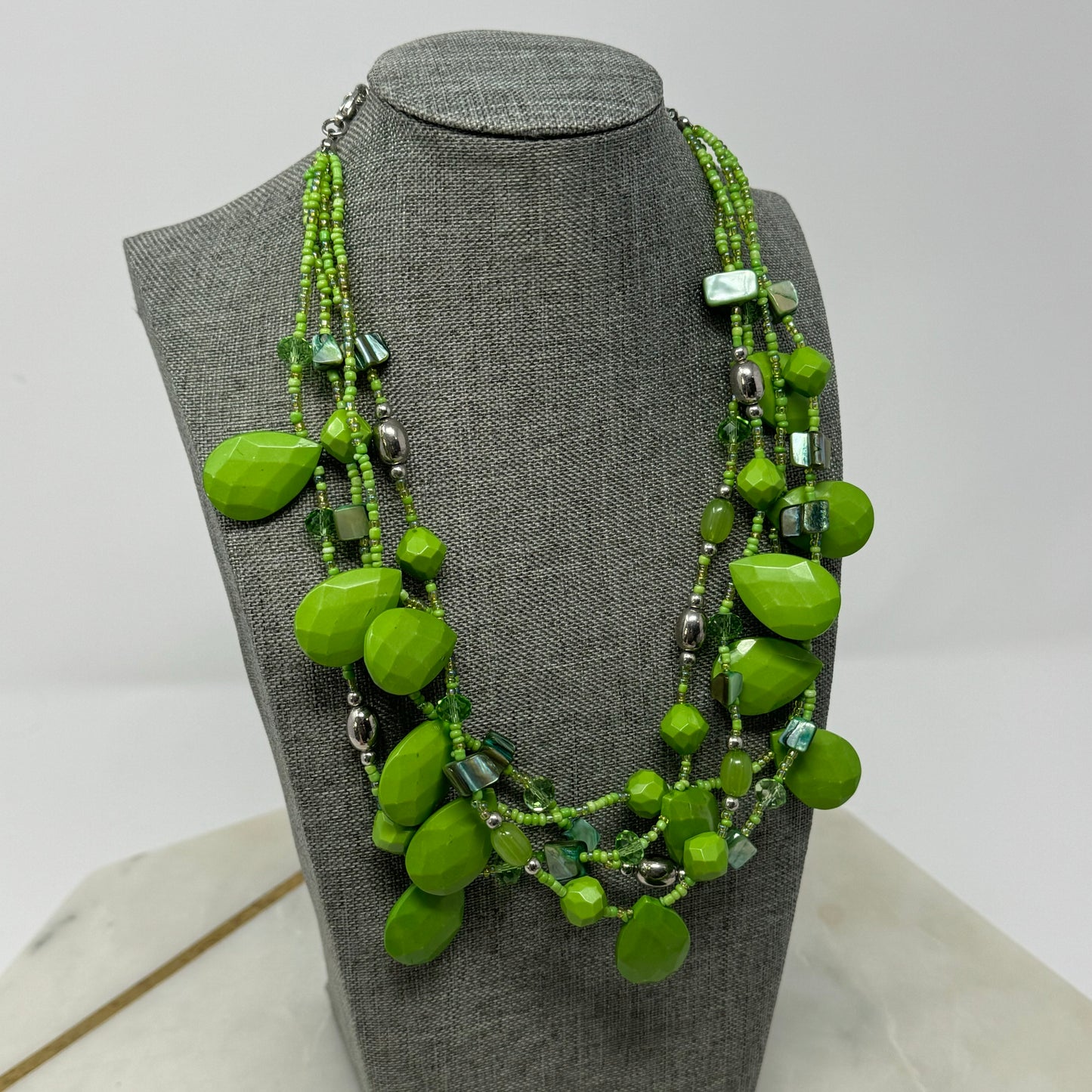Women’s Necklace Boho Statement Beaded Teardrop Pendants Green Shell 16 in
