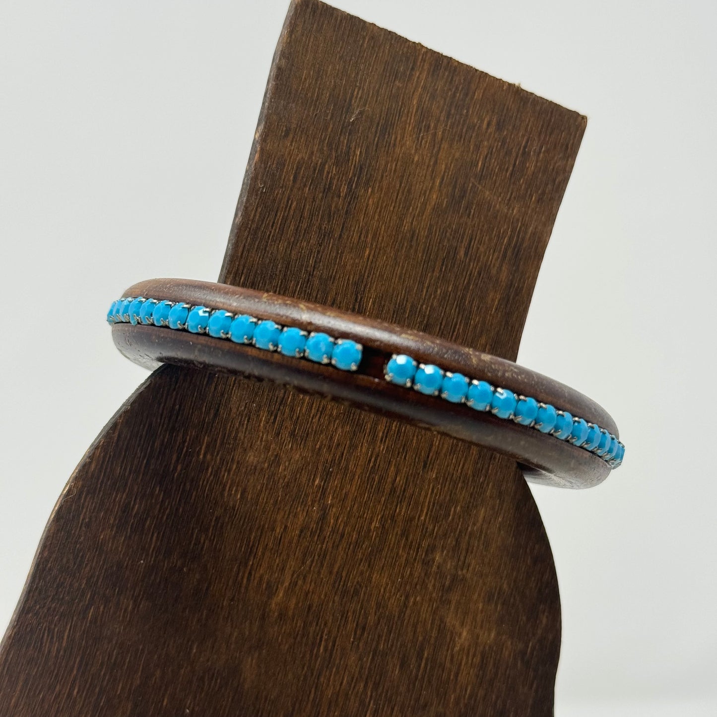 Vintage Wood Bangle Bracelet with Turquoise Bead Accents - Boho Chic, Rustic Handmade Jewelry