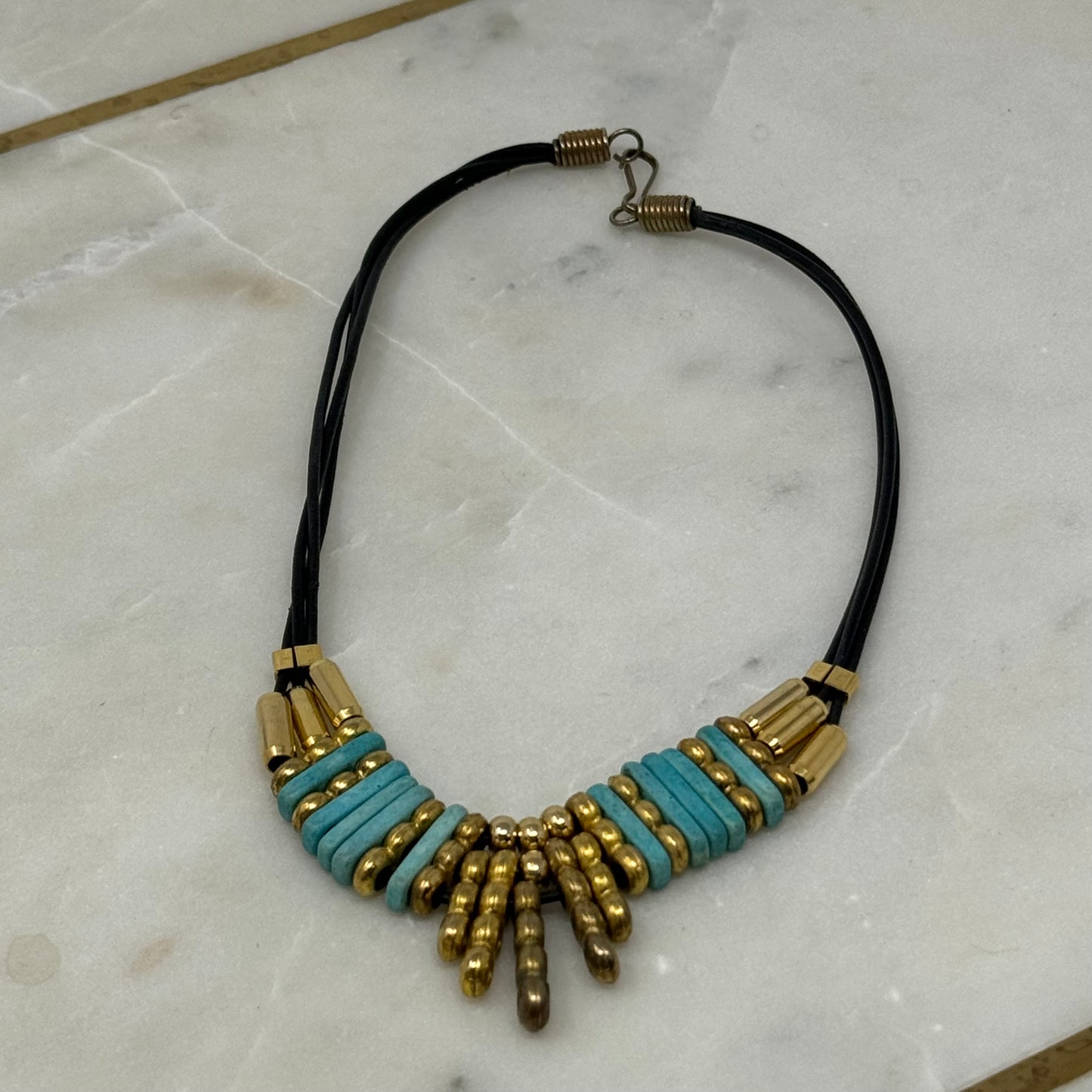 Necklace Boho Southwest Beaded Gold Tone Turquoise 14 in Cord