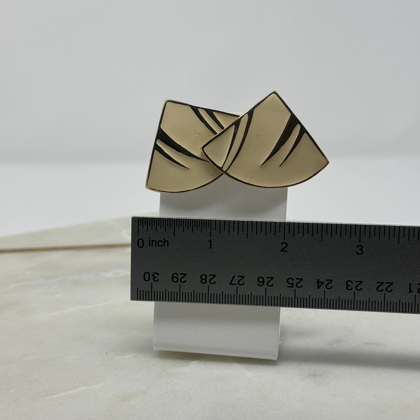Vintage Triangle Cream Enamel Gold Accent Earrings