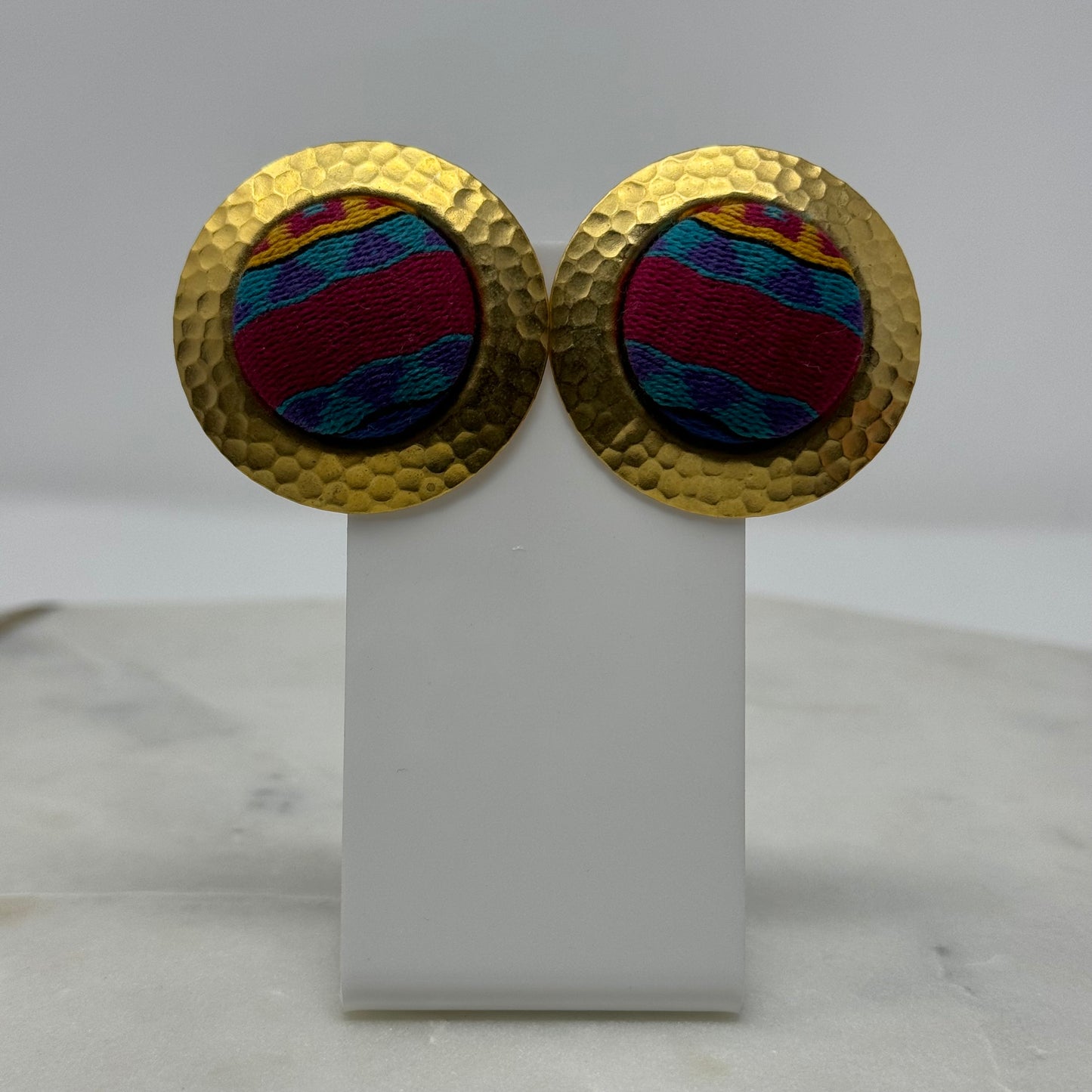 1990’s Boho Large Round Gold Hammered Post Earrings