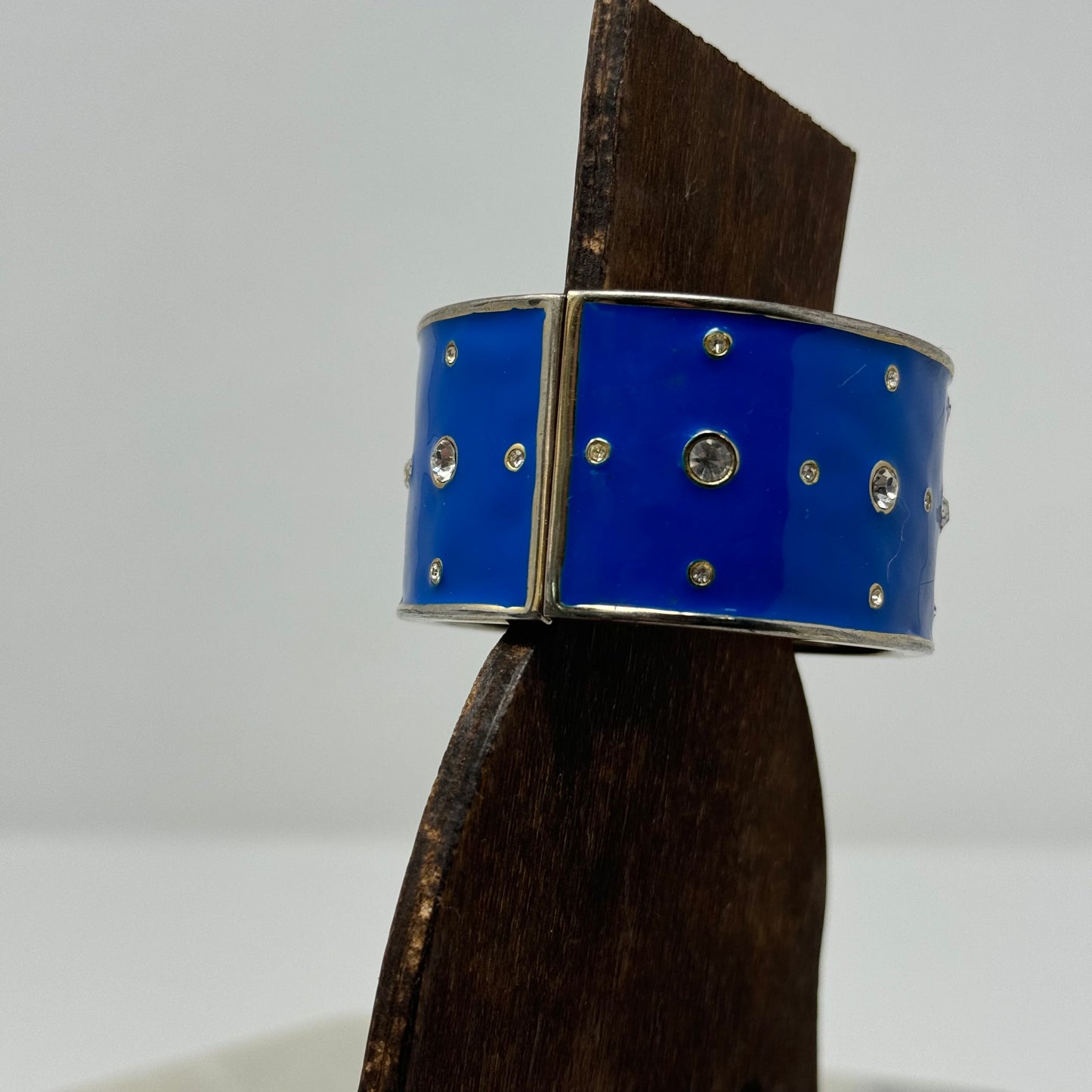Bracelet Blue Wide Metal Cuff Rhinestone Hinge Bangle 7.5 in Costume Jewelry