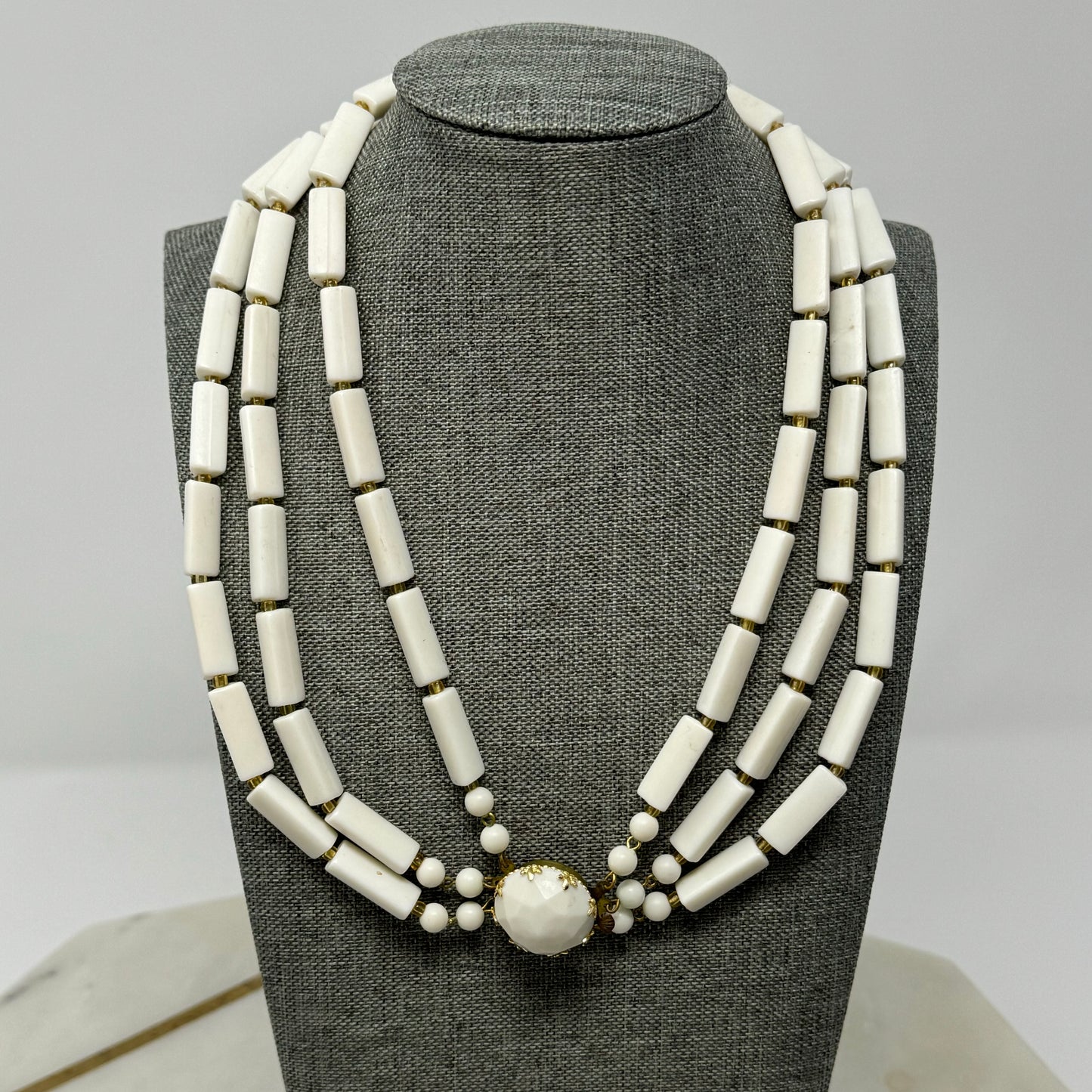 Vintage Necklace Statement Multi Strand Beaded White Box Clasp 15 in Jewelry
