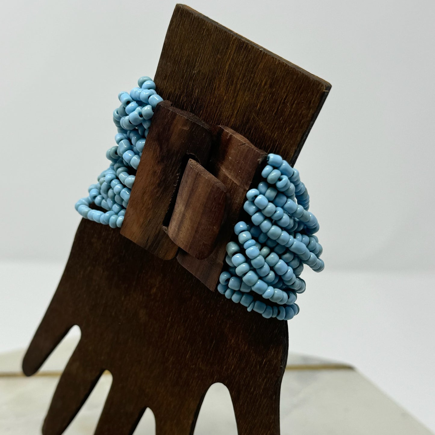 Bracelet Blue Multi-Layer Seed Beaded Cuff Wood Toggle Closure Bracelet 8 in Fashion Jewelry