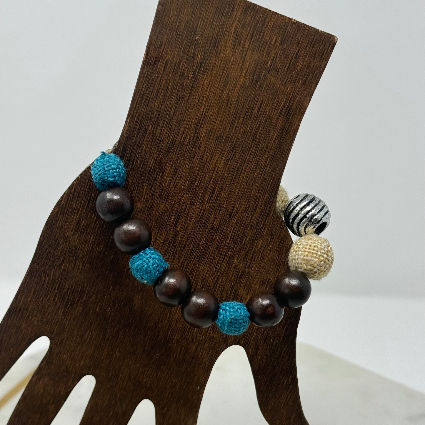 Bracelet Boho Beaded Strand Wood Canvas Stretch Bangle Brown Blue Beige 8 in