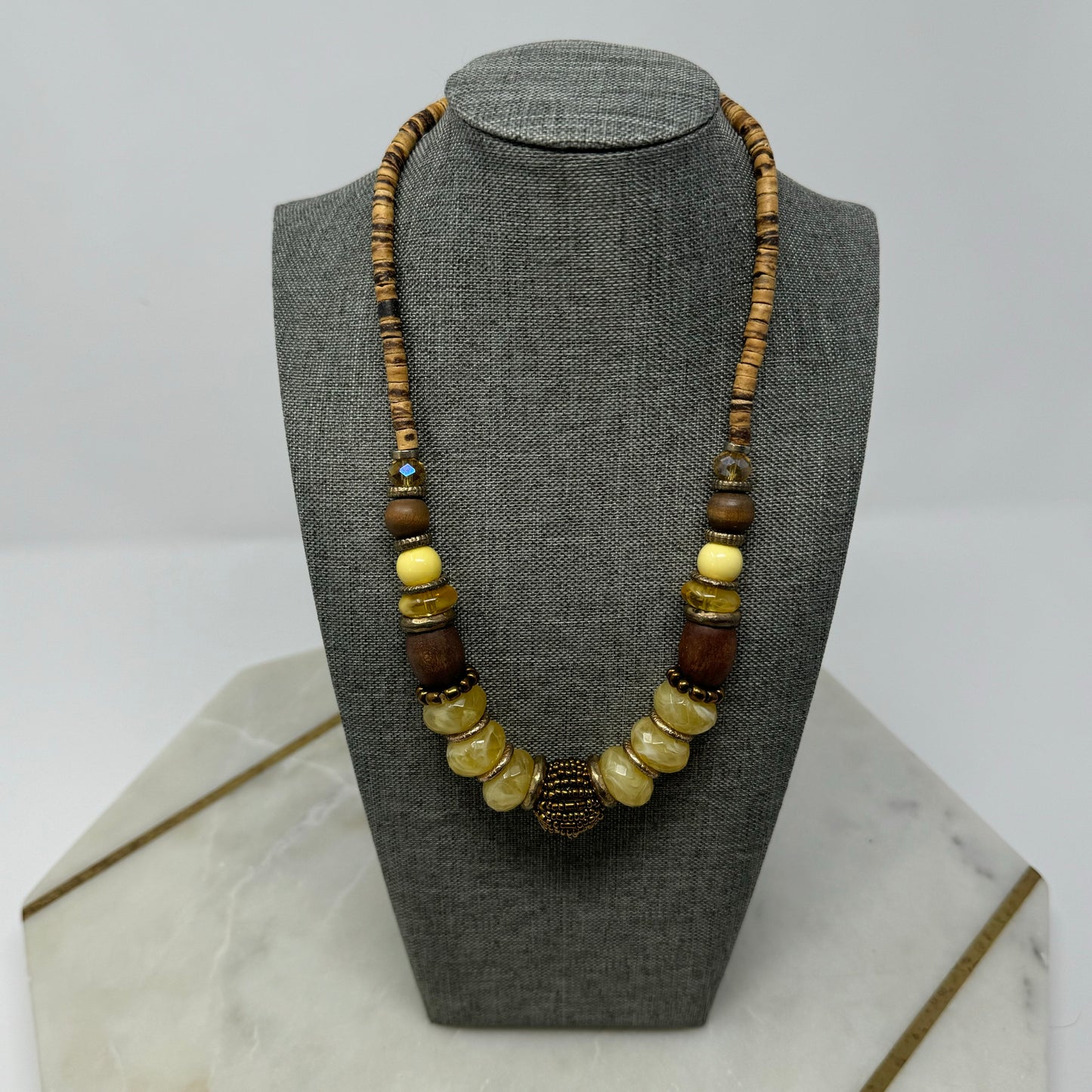 Necklace Boho Beaded Statement Brown Beige 16” Costume Jewelry