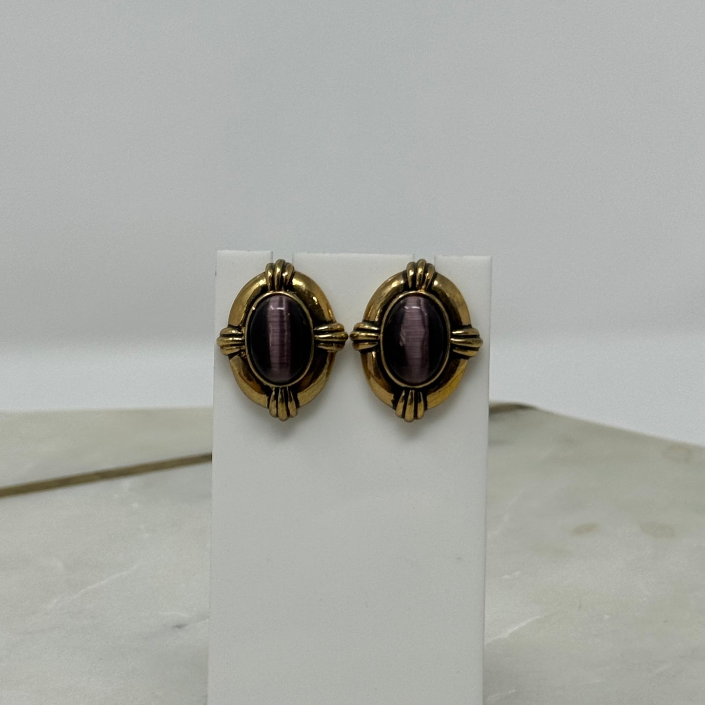 Avon Earrings Boho Southwest Purple Cat Eye 1 in Gold Tone Stud Costume Jewelry