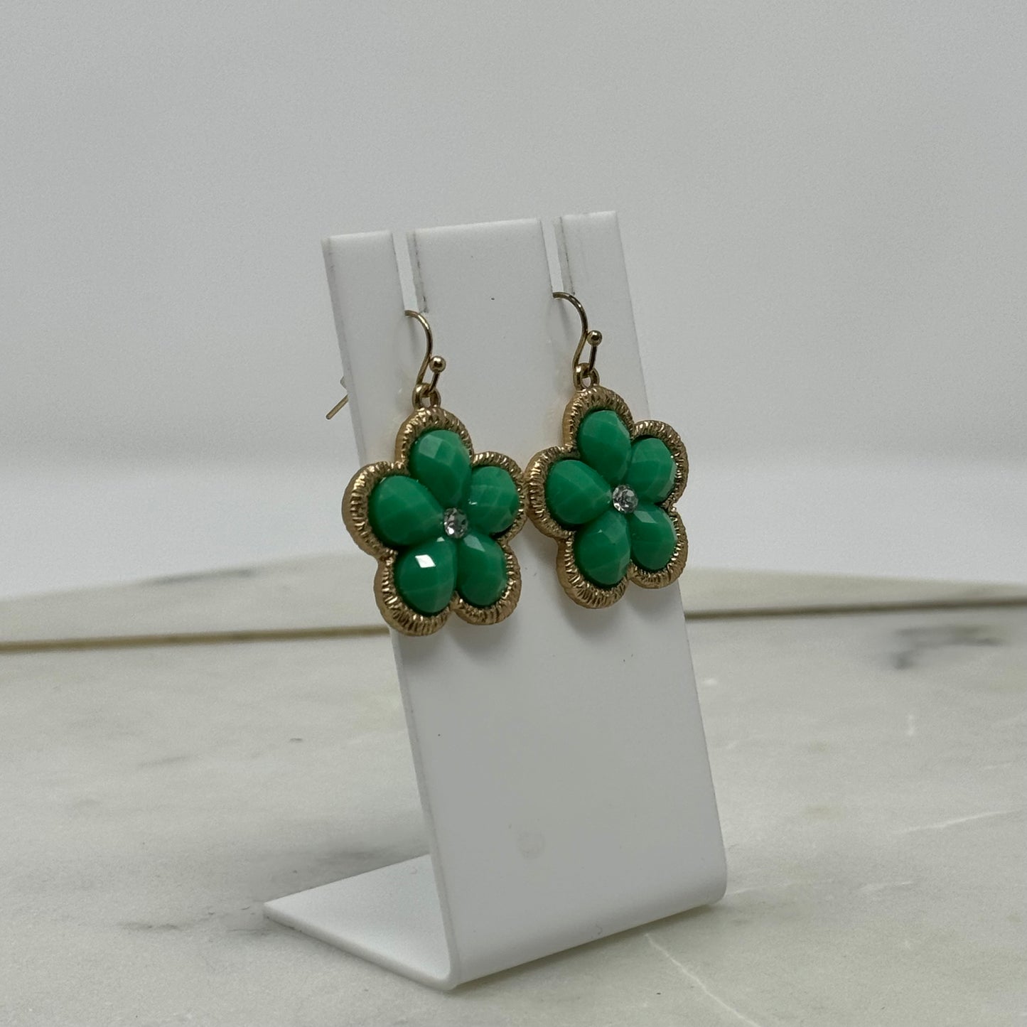 Green & Gold Flower Rhinestone Dangle Hook Earrings