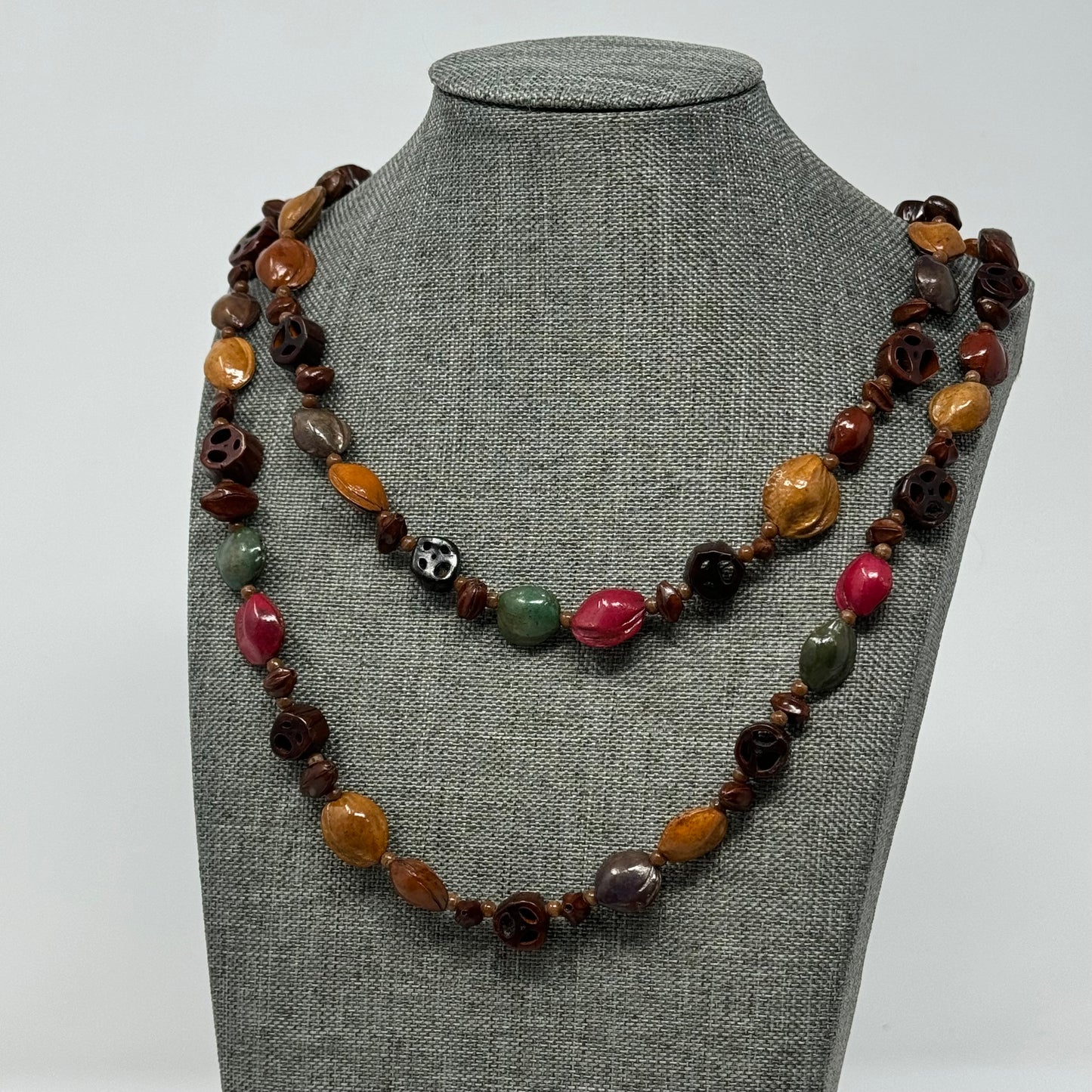 Artisan Hand-carved Bead Necklace - Boho Multi-Colored Statement Jewelry Handmade