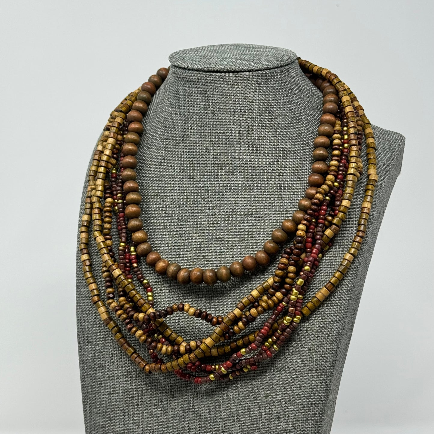 Wooden Bead Statement Necklace Earth Tones Artisan Handmade Multi-Strand Boho Jewelry