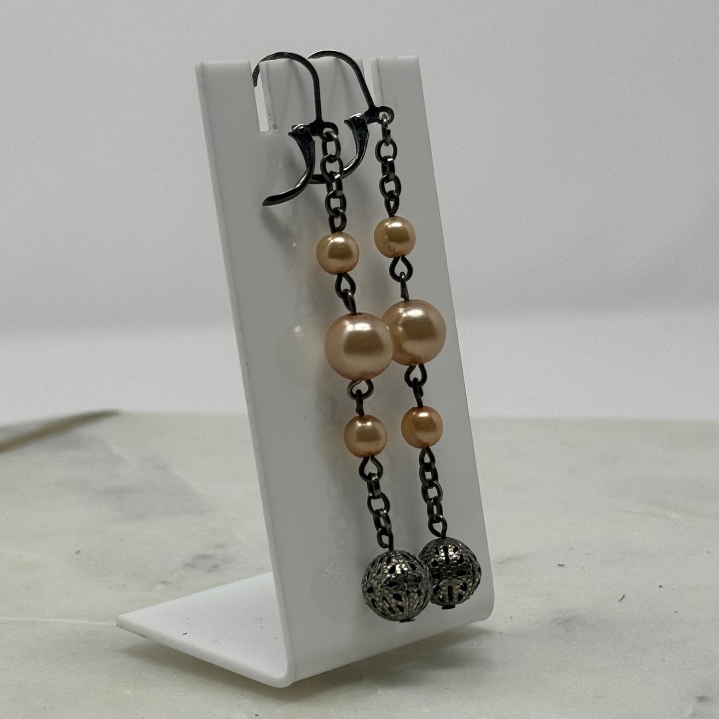 Peach Pearl Dangle Statement Leverback Earrings