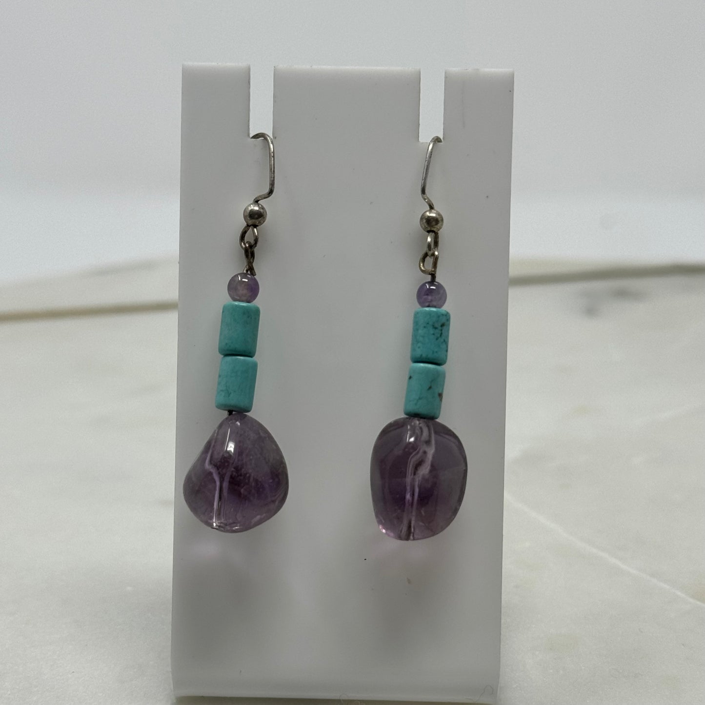 Earrings Boho Southwest Hook Dangles Turquoise & Purple Beaded Stone 2.5 in