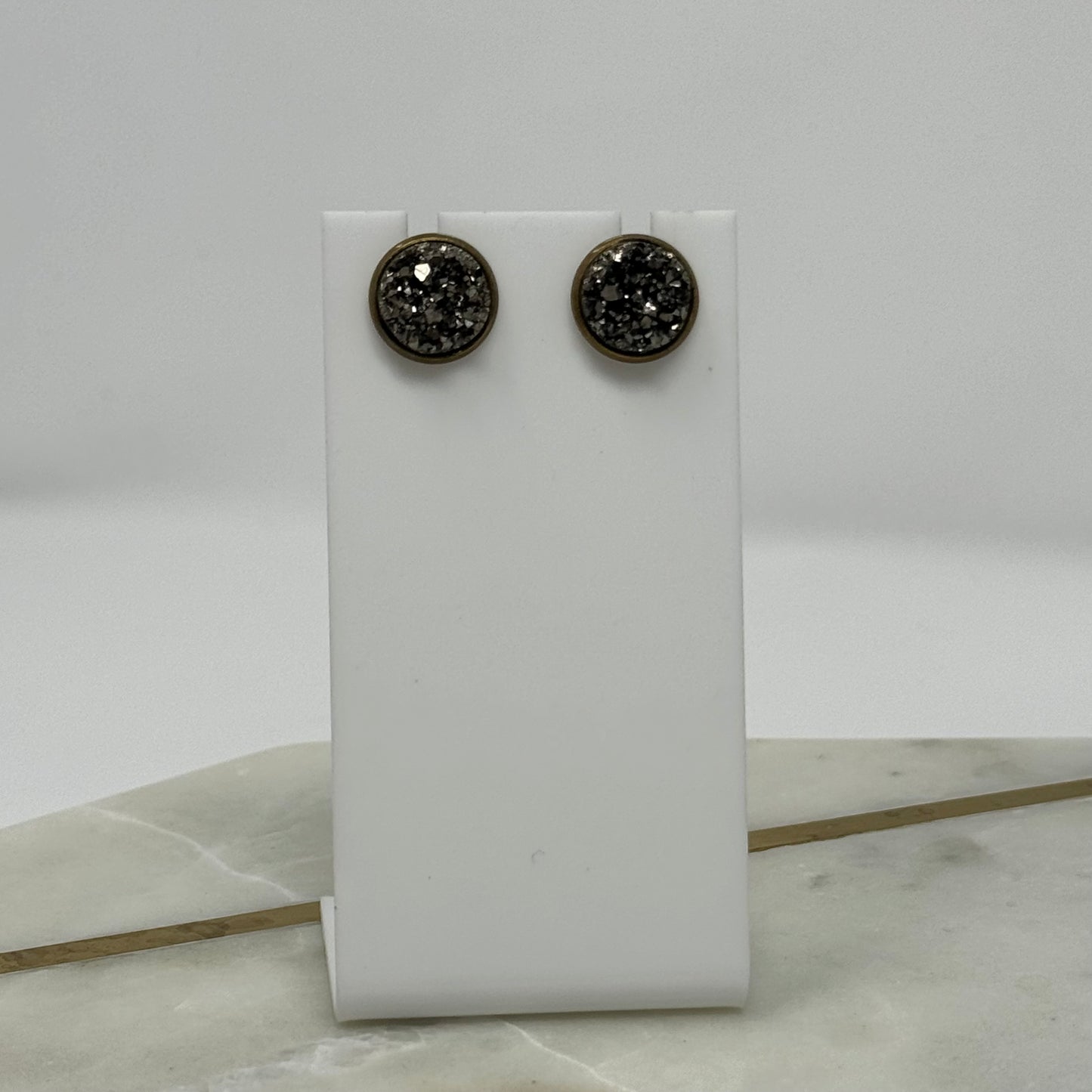 Sparkle Gun Metal Druzy Rock Crystal Stud Earrings