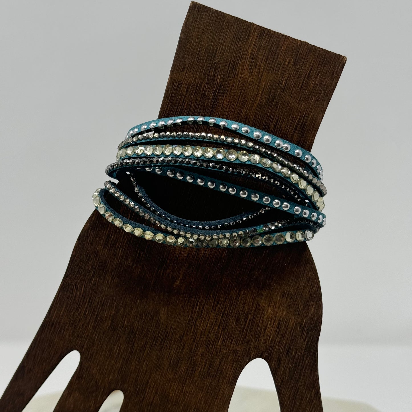 Bracelet Boho Southwest Layer Blue Faux Leather Rhinestone Cuff 9.25 in