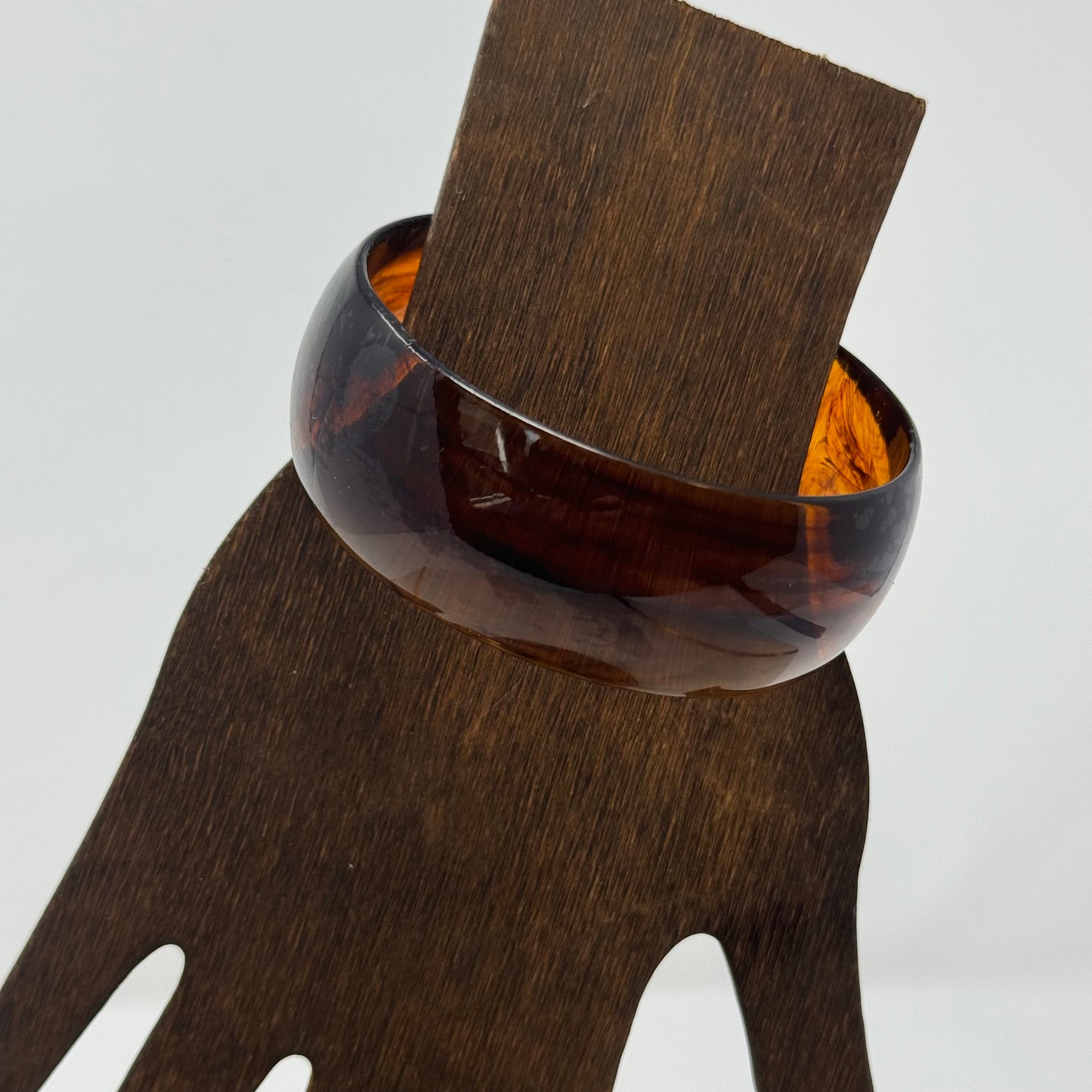 Vintage Amber Resin Bangle Bracelet - Retro Wide Brown Marbled Minimal Design