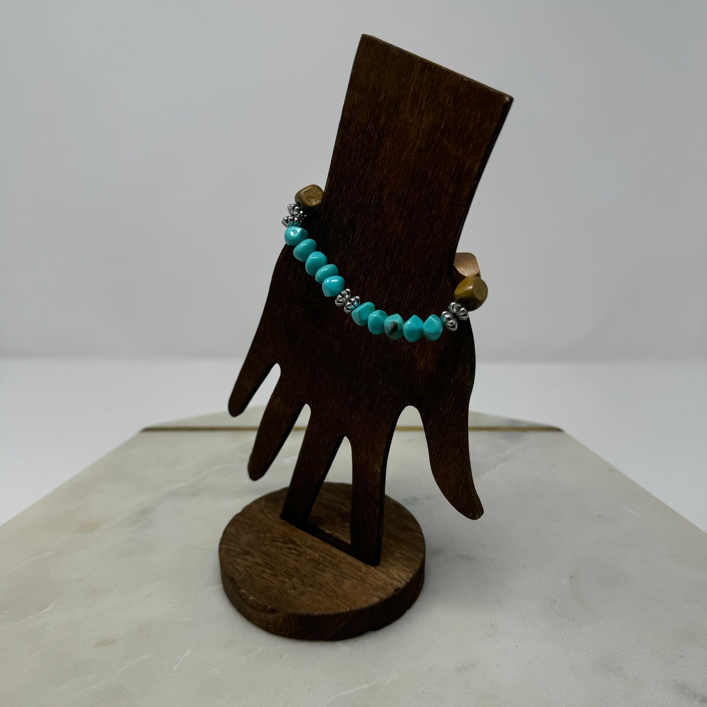 Bracelet Boho Southwest Wood Beaded Stretch Bangle Teal Blue Beige Silver 7 in