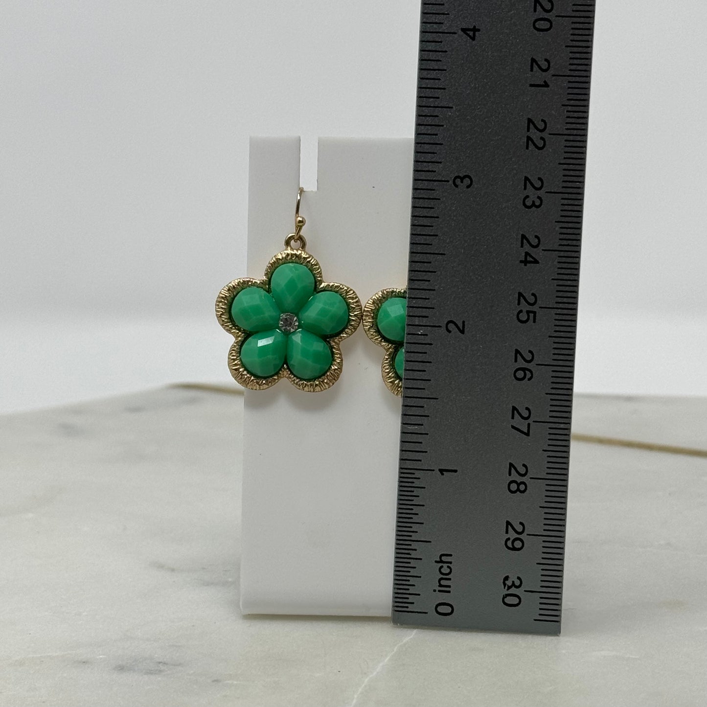 Green & Gold Flower Rhinestone Dangle Hook Earrings