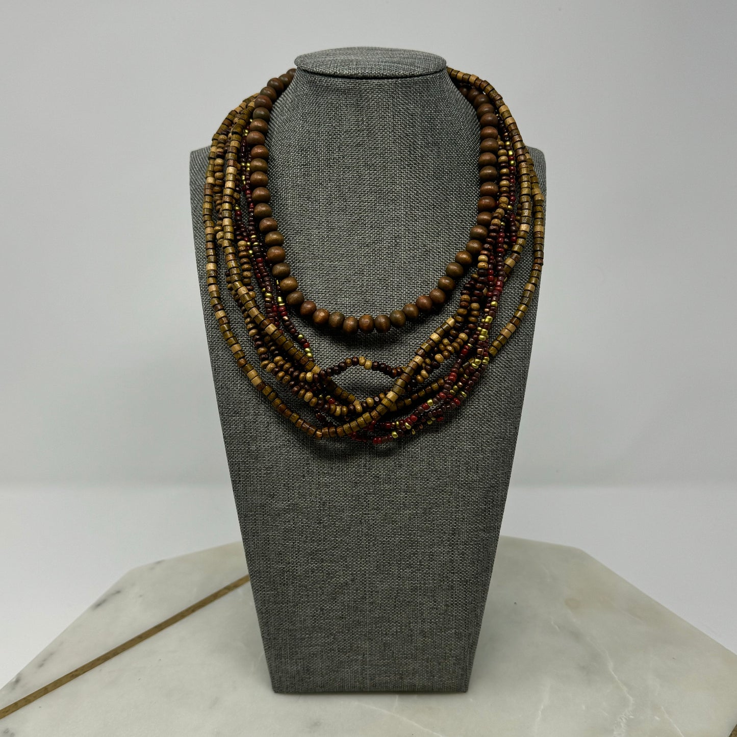 Wooden Bead Statement Necklace Earth Tones Artisan Handmade Multi-Strand Boho Jewelry
