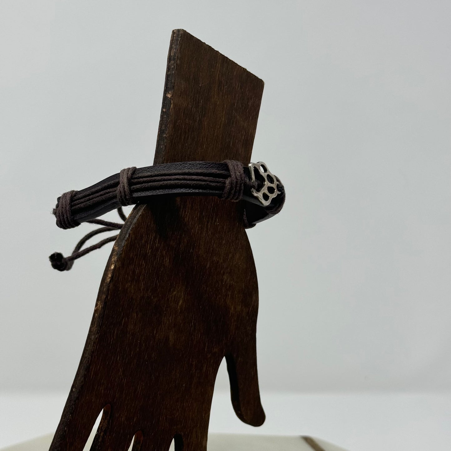 Bracelet Boho Brown Leather Bangle 7 Inch Paw Print Charm