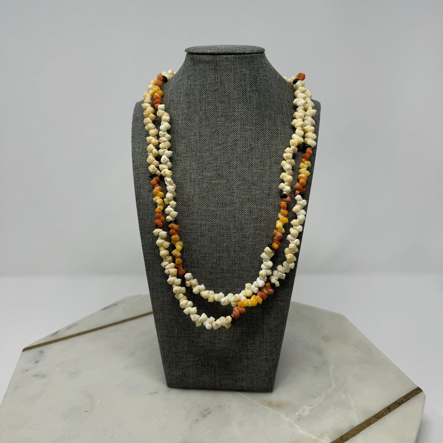 Boho Multi-Strand Shell Necklace Natural & Orange Tones Handmade Beach Statement Jewelry