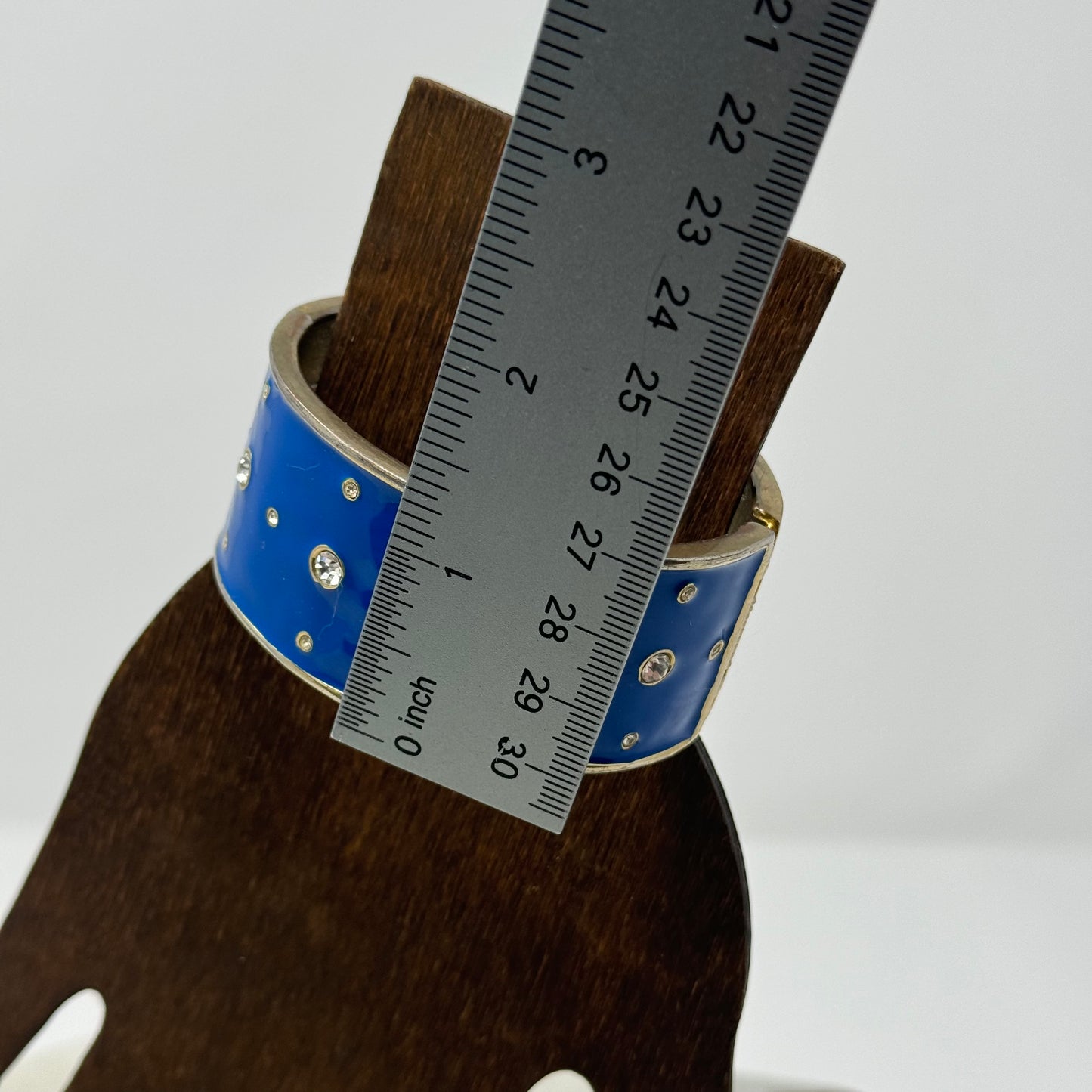 Bracelet Blue Wide Metal Cuff Rhinestone Hinge Bangle 7.5 in Costume Jewelry