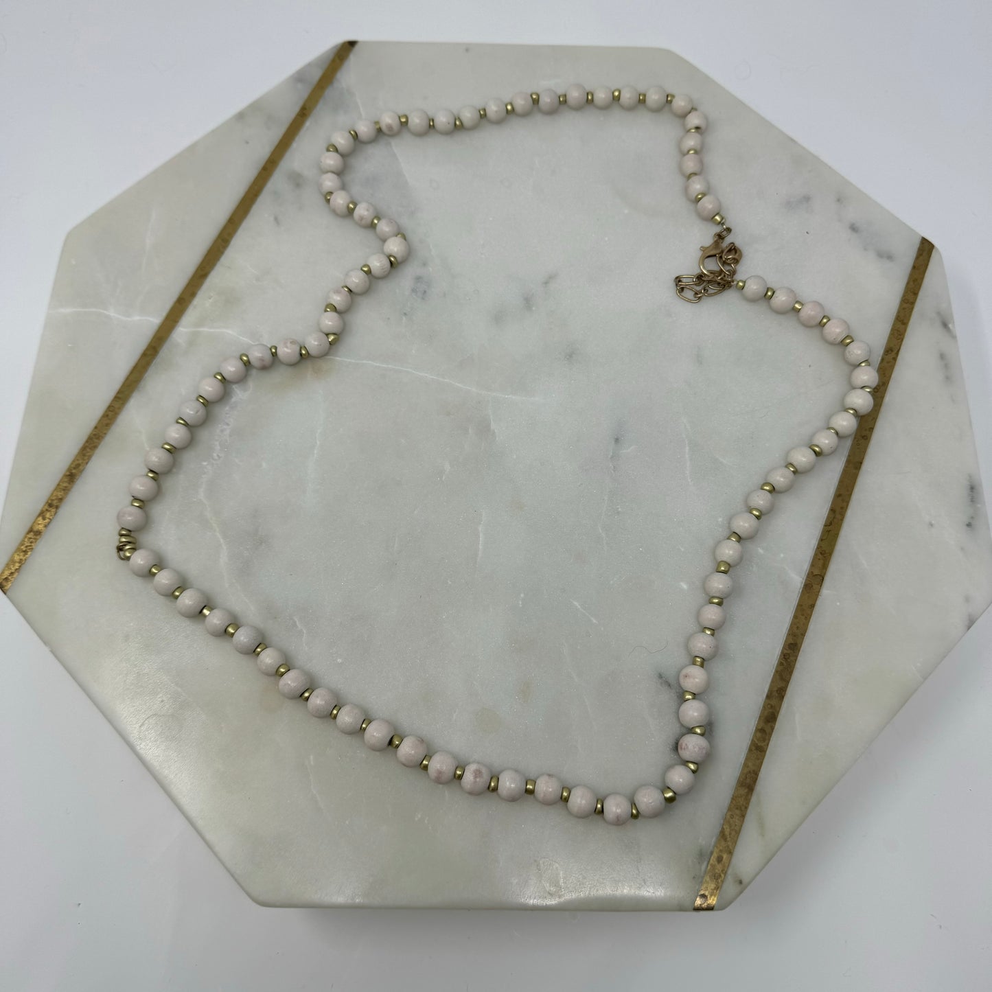 Necklace Boho Southwest Wood Beads White & Gold Tone Spacer 36 in