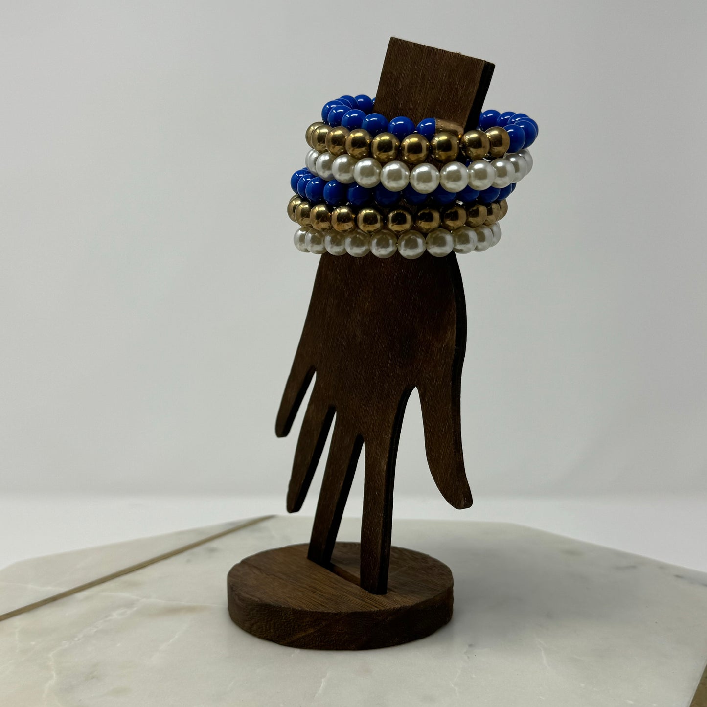 Vintage Royal Blue, Gold & Pearl Wire Wrap Bracelet