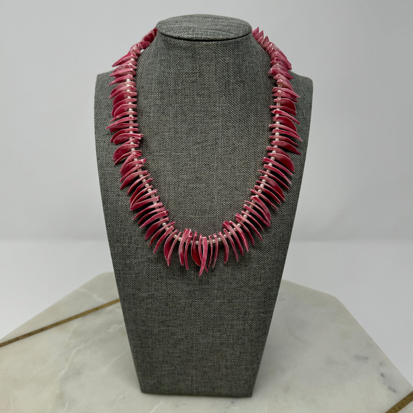 Unique Pink Shell Spike Necklace with Pearl Accents - Handmade Boho Statement Jewelry