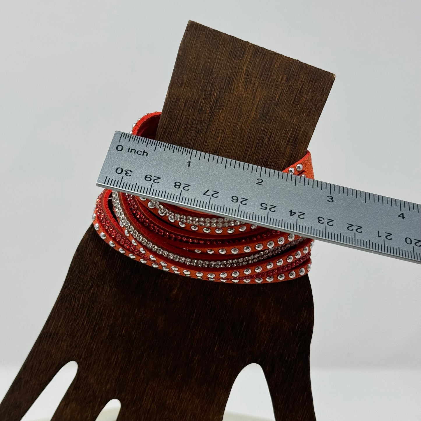 Bracelet Boho Southwest Layer Orange Faux Leather Rhinestone Cuff 9.25 in