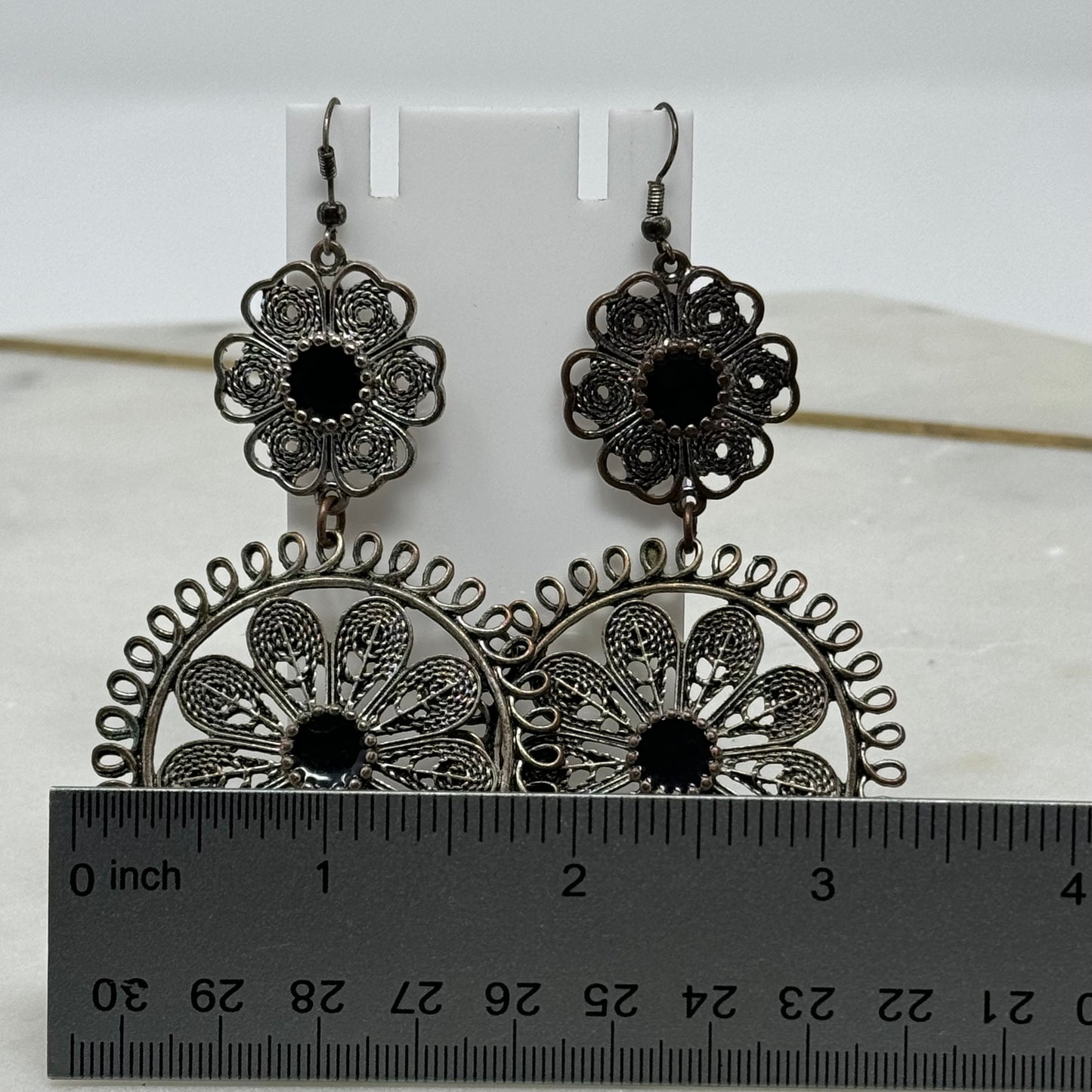 Floral Silver & Black Multi-Layer Dangle Hook Earrings