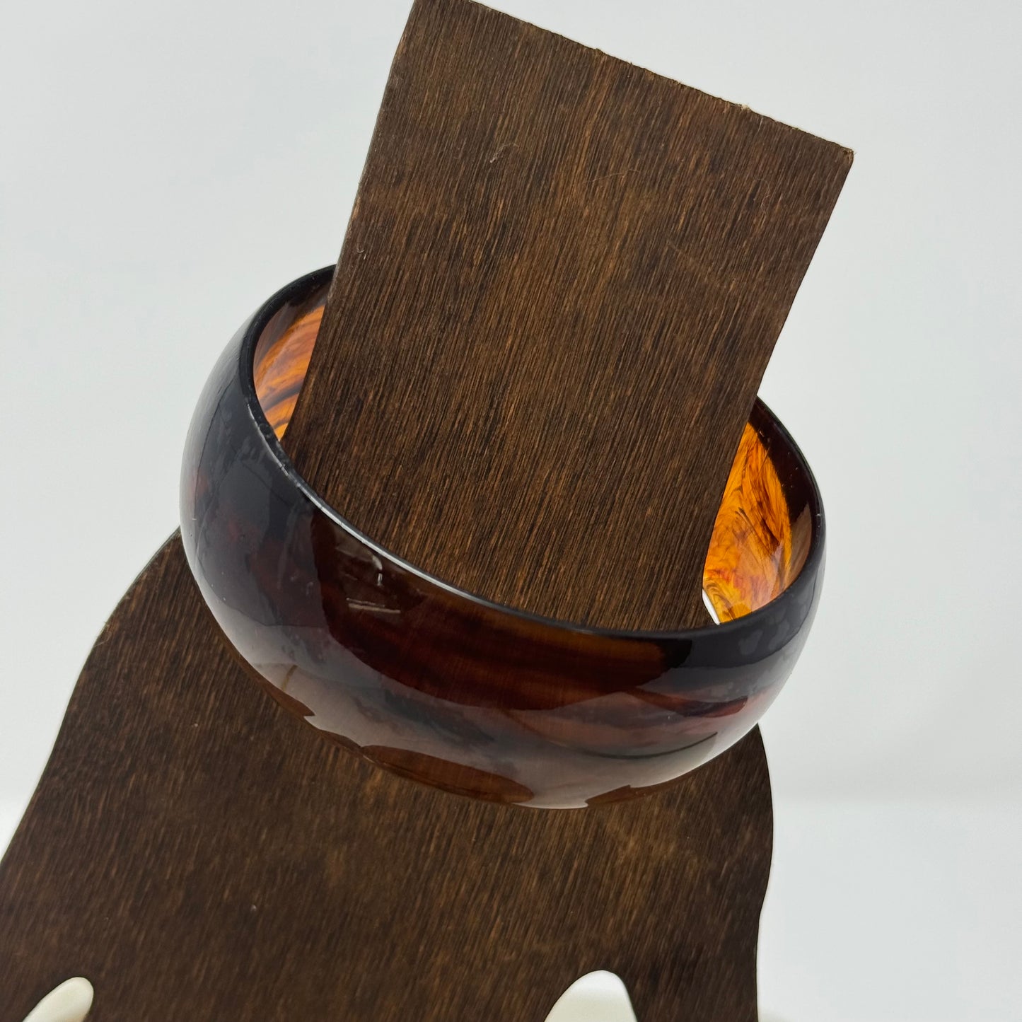 Vintage Amber Resin Bangle Bracelet - Retro Wide Brown Marbled Minimal Design