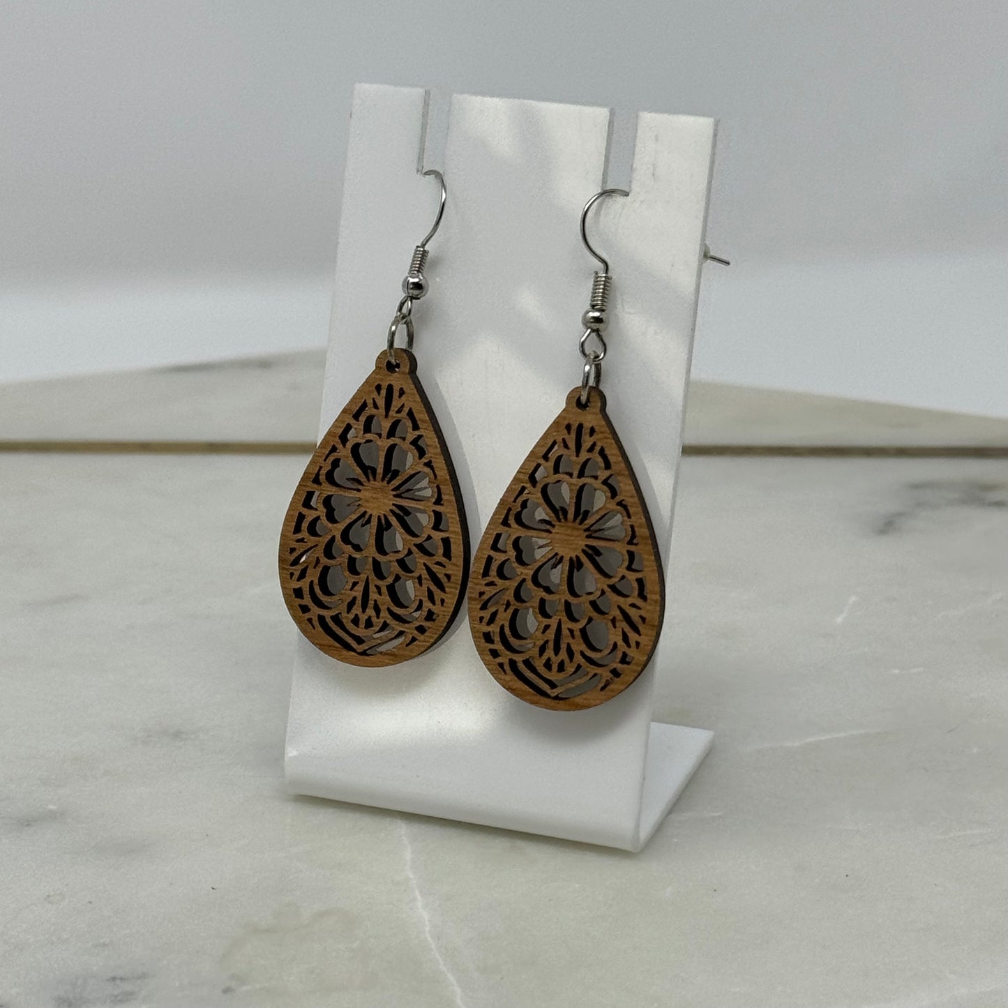 Earrings Boho Woodgrain Intricate Flower Teardrop Hook Dangles 2.5 Inch Drop Brown