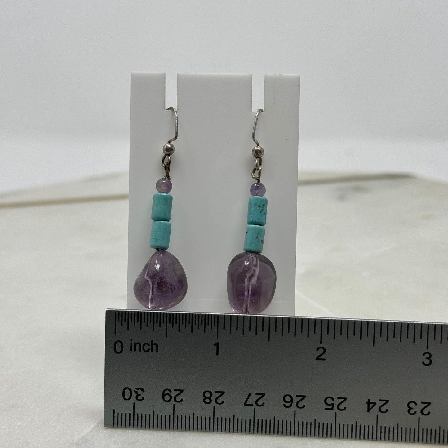 Earrings Boho Southwest Hook Dangles Turquoise & Purple Beaded Stone 2.5 in