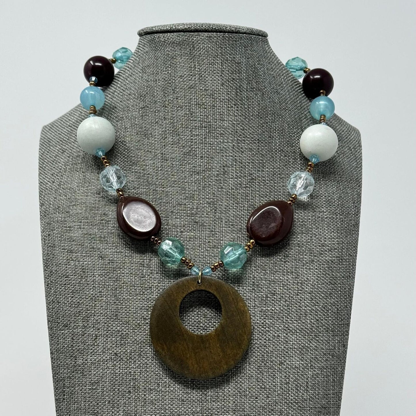 Vintage Blue White & Brown Beaded Necklace with Round Wood Pendant 16”