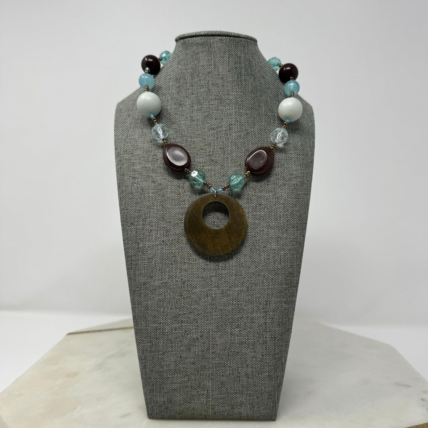Vintage Blue White & Brown Beaded Necklace with Round Wood Pendant 16”