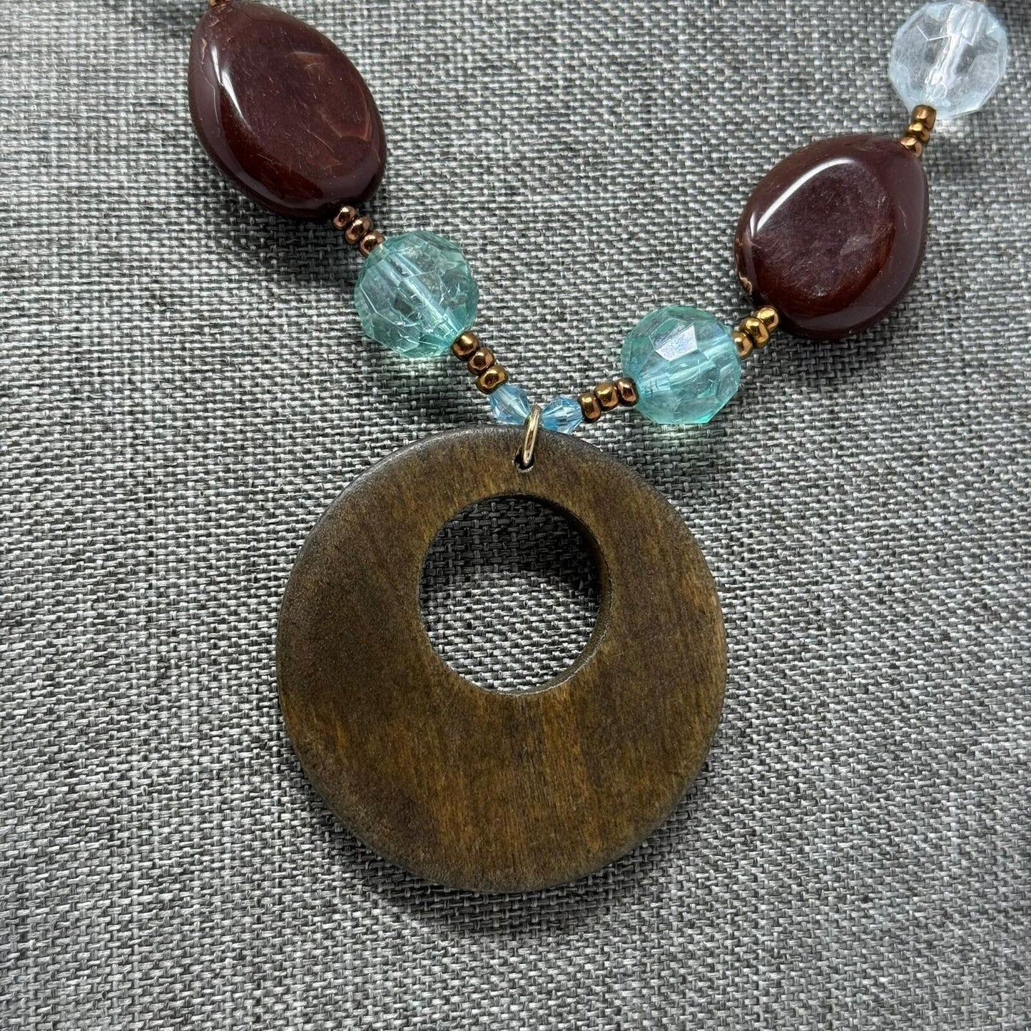 Vintage Blue White & Brown Beaded Necklace with Round Wood Pendant 16”