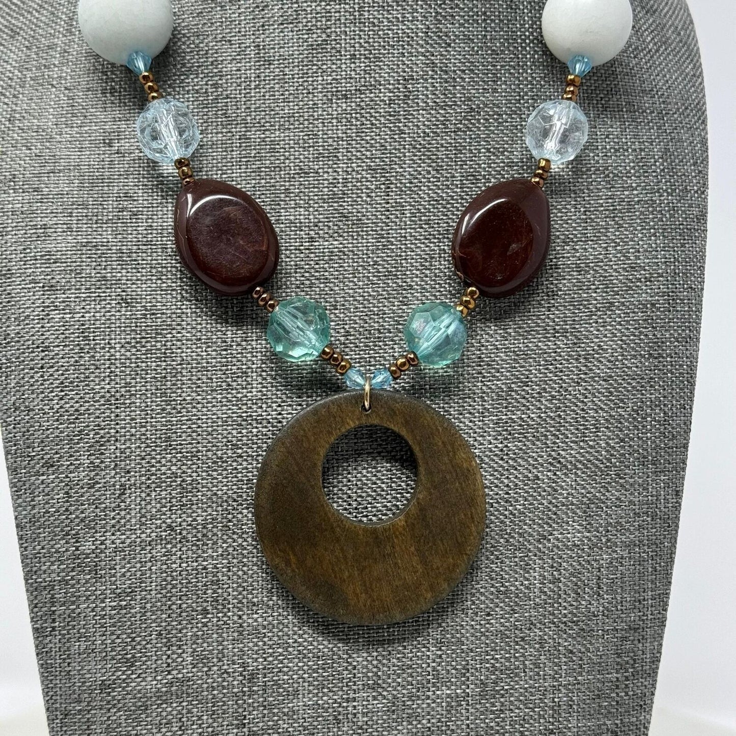 Vintage Blue White & Brown Beaded Necklace with Round Wood Pendant 16”