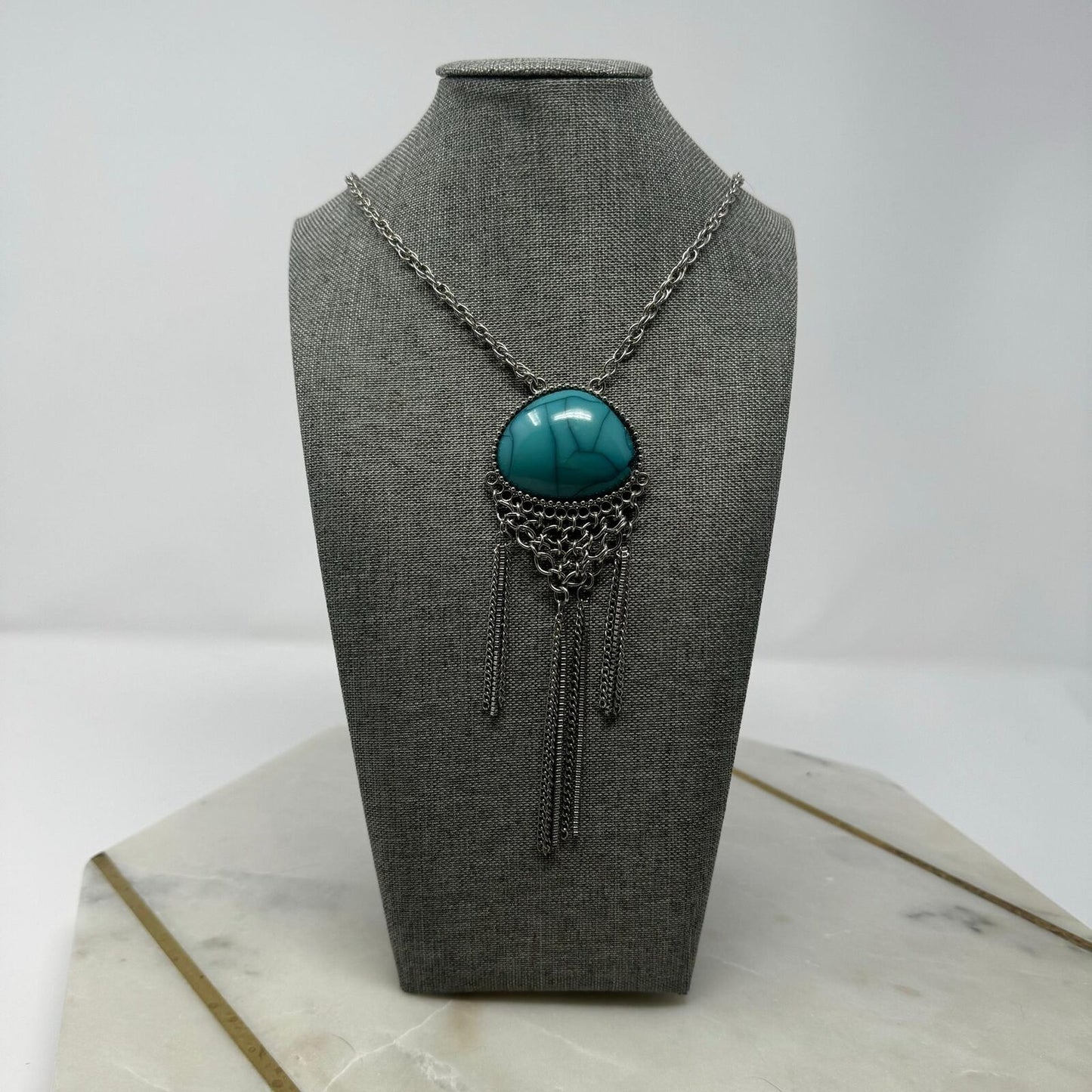 Turquoise Pendant Silver Chain Tassel Necklace Statement Boho 26”
