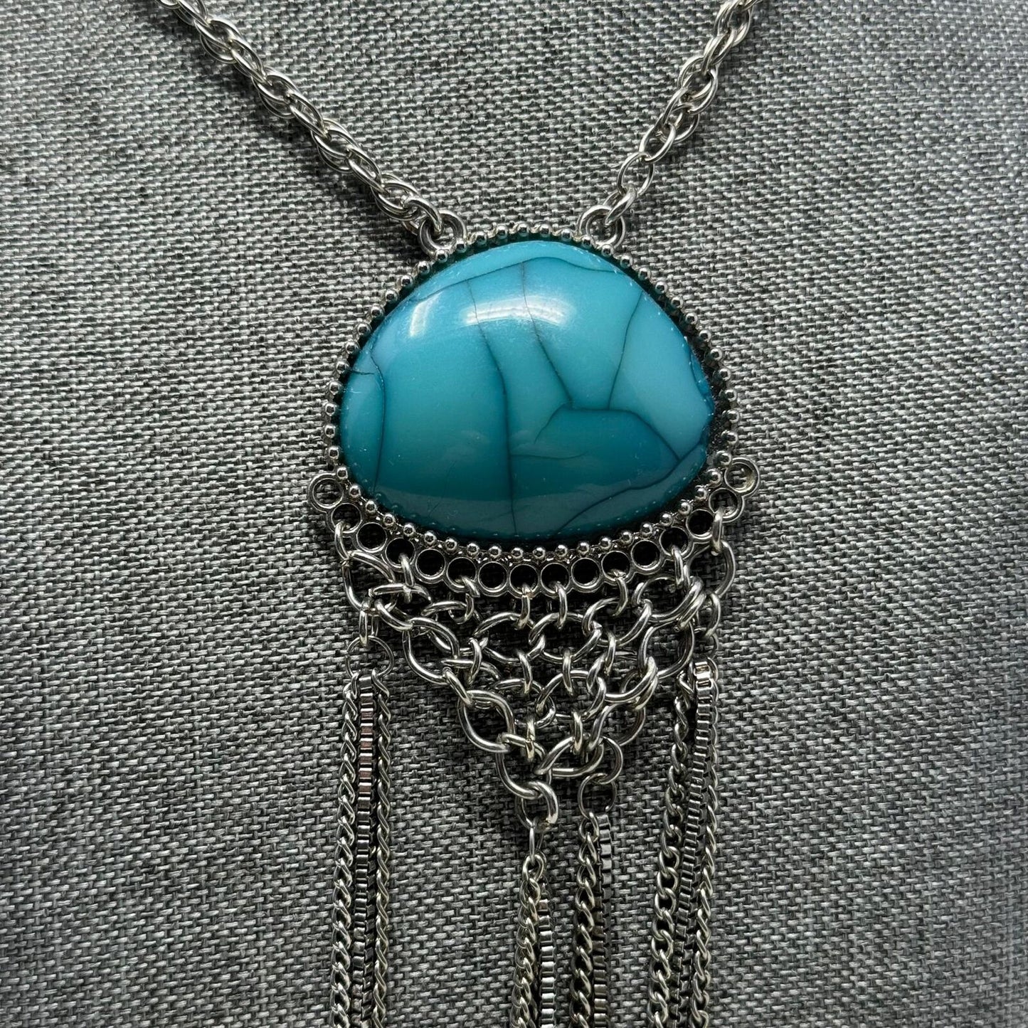 Turquoise Pendant Silver Chain Tassel Necklace Statement Boho 26”
